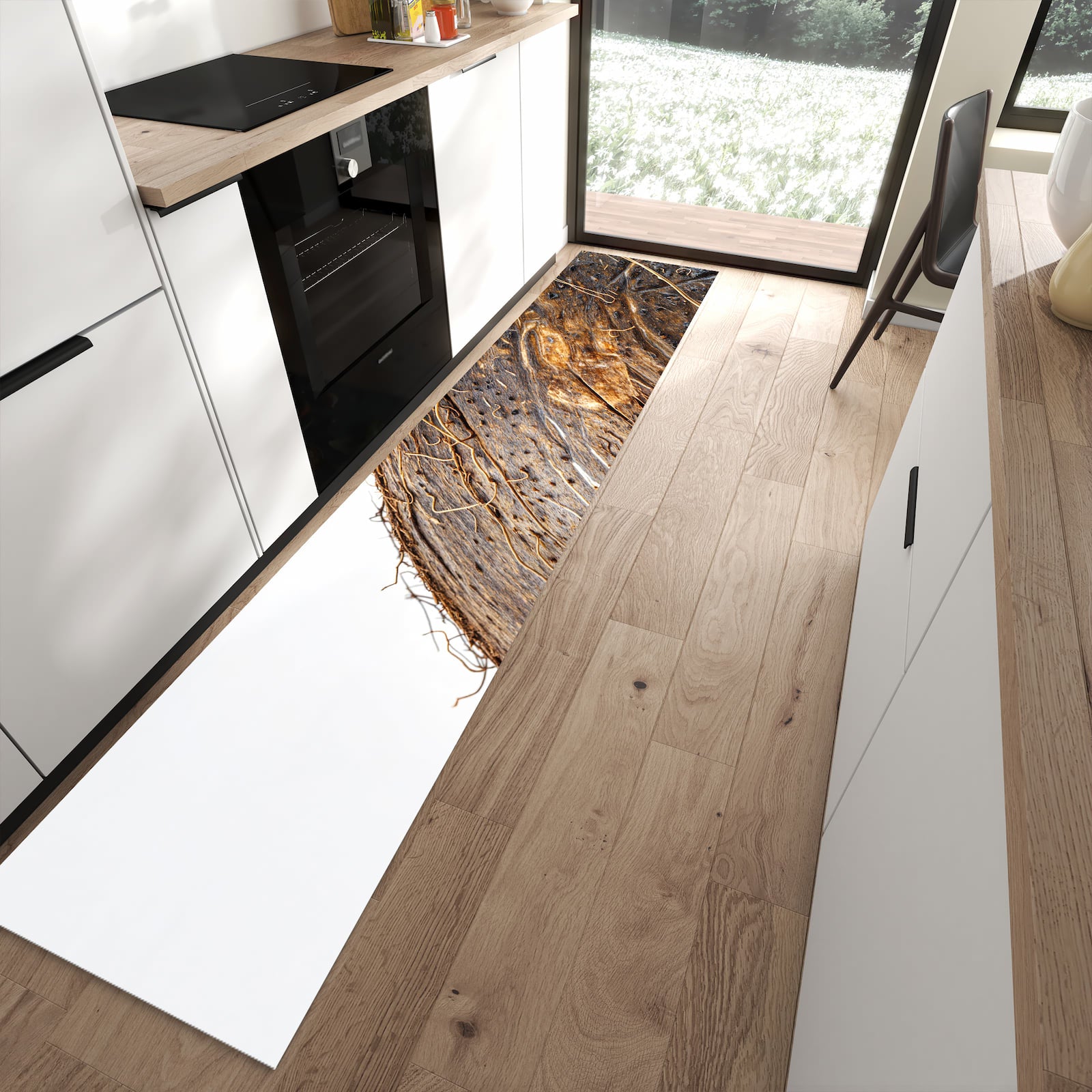 Fleckenresistenter abwaschbarer Küchenteppich mit Motiv Nuss Schale Detail in moderner Küche