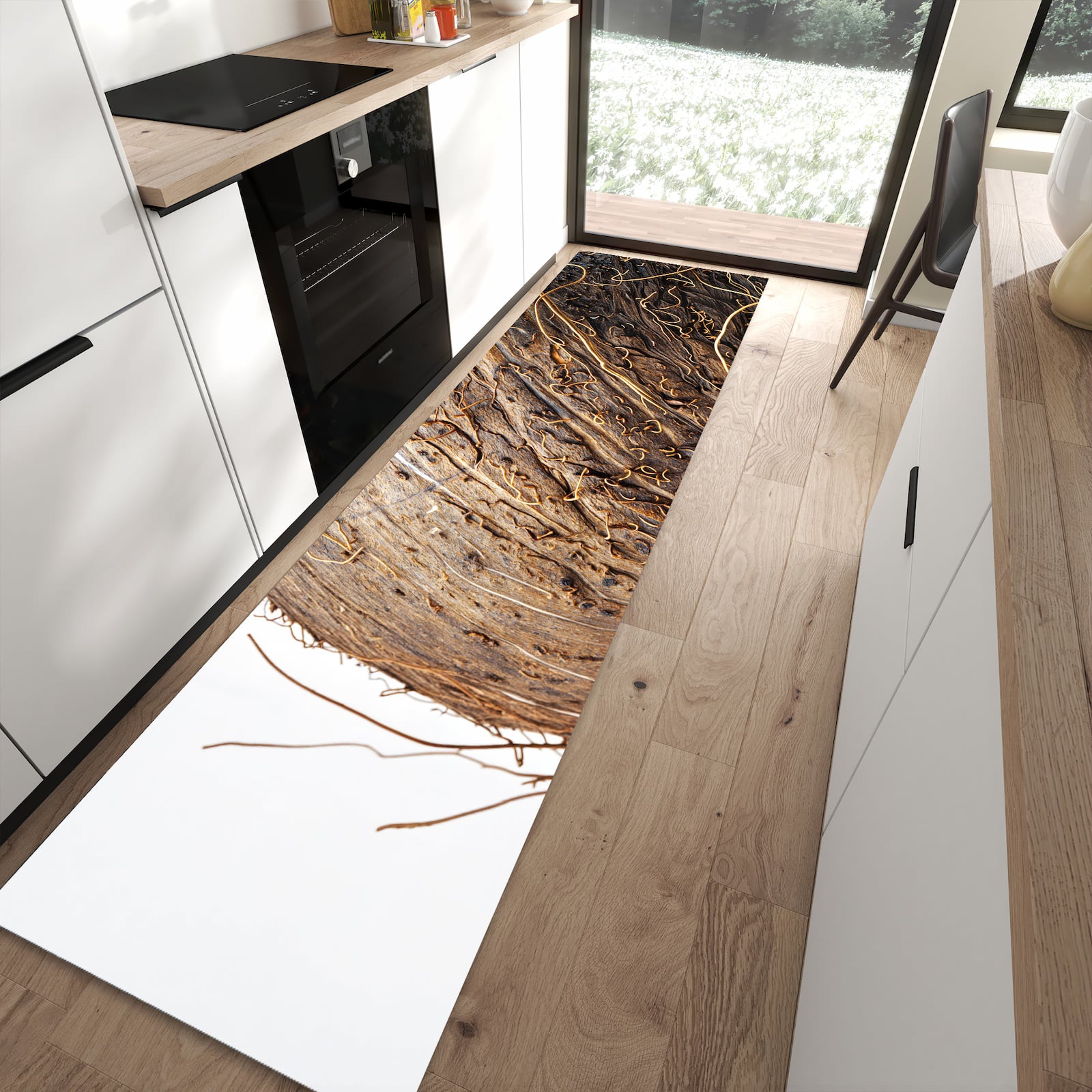 Pflegeleichter Teppich für die Küche mit Motiv Nuss Schale Detail in moderner Küche
