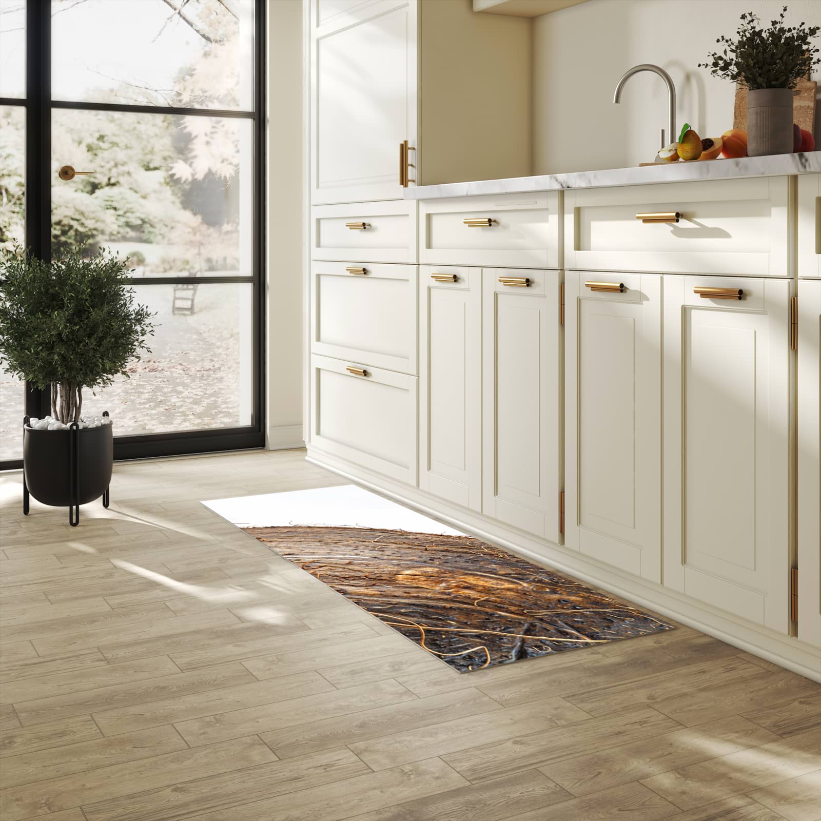 Flacher moderner Küchenläufer mit Motiv Nuss Schale Detail in heller Küche