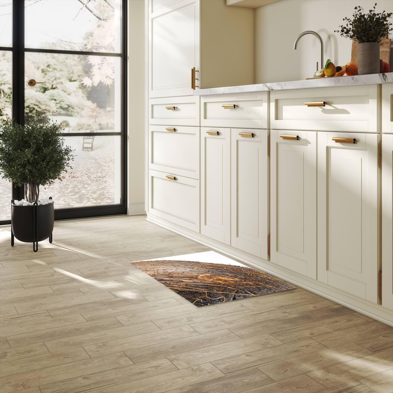 Pflegeleichter Küchenteppich mit Motiv Nuss Schale Detail in heller Küche