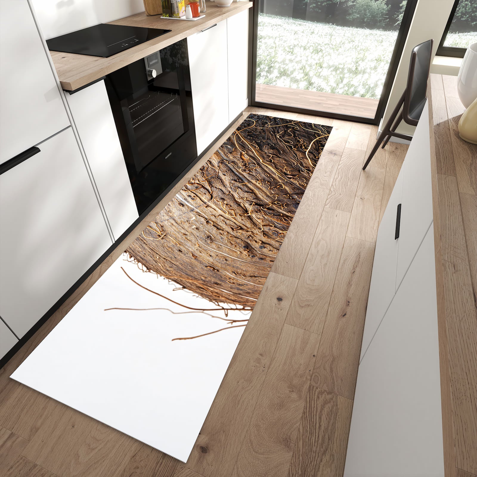 Flacher Küchenteppich mit Motiv Nuss Schale Detail in moderner Küche