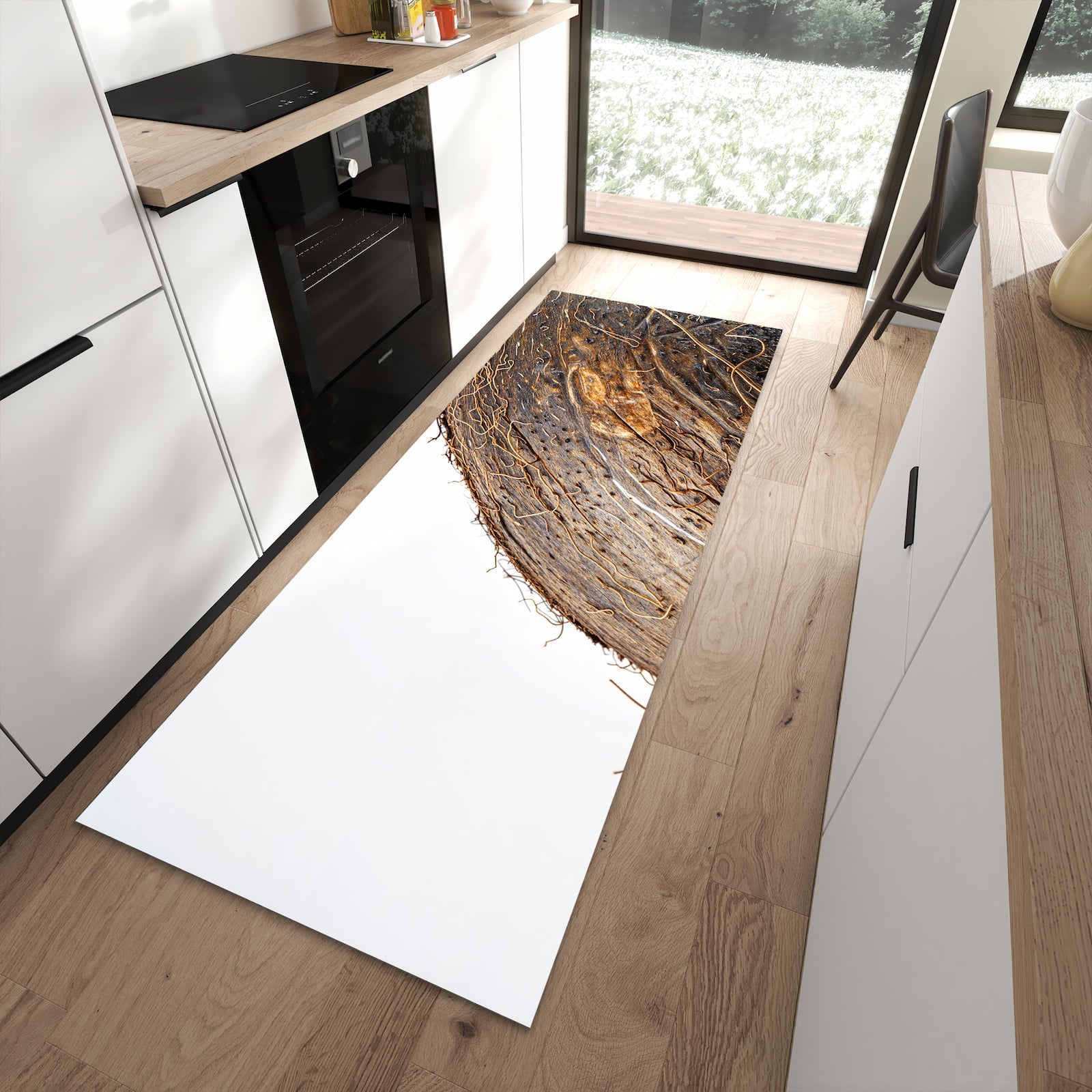 Rutschfester Küchenteppich mit Motiv Nuss Schale Detail in moderner Küche