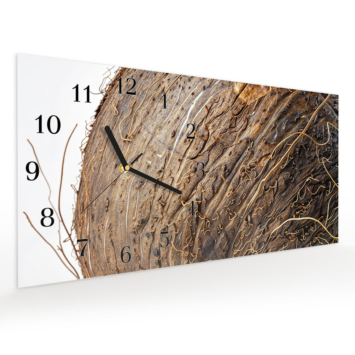 Vormontiert – mit Schwebeeffekt – Wanduhr Nuss Schale Detail aus Glas – Querformat 60 × 30 cm