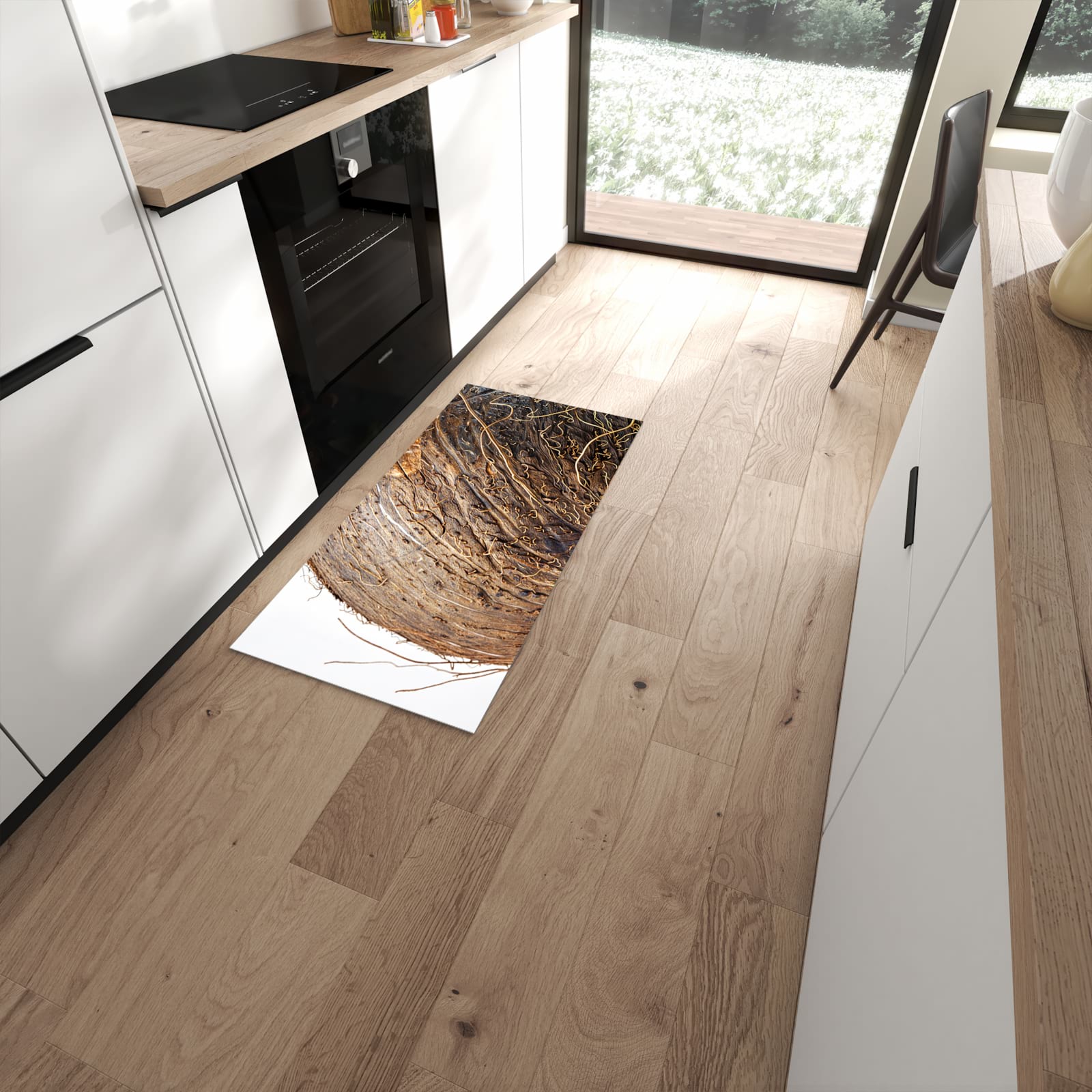 Geräuschdämpfender Küchenläufer mit Motiv Nuss Schale Detail in moderner Küche #grösse_60 x 120 cm