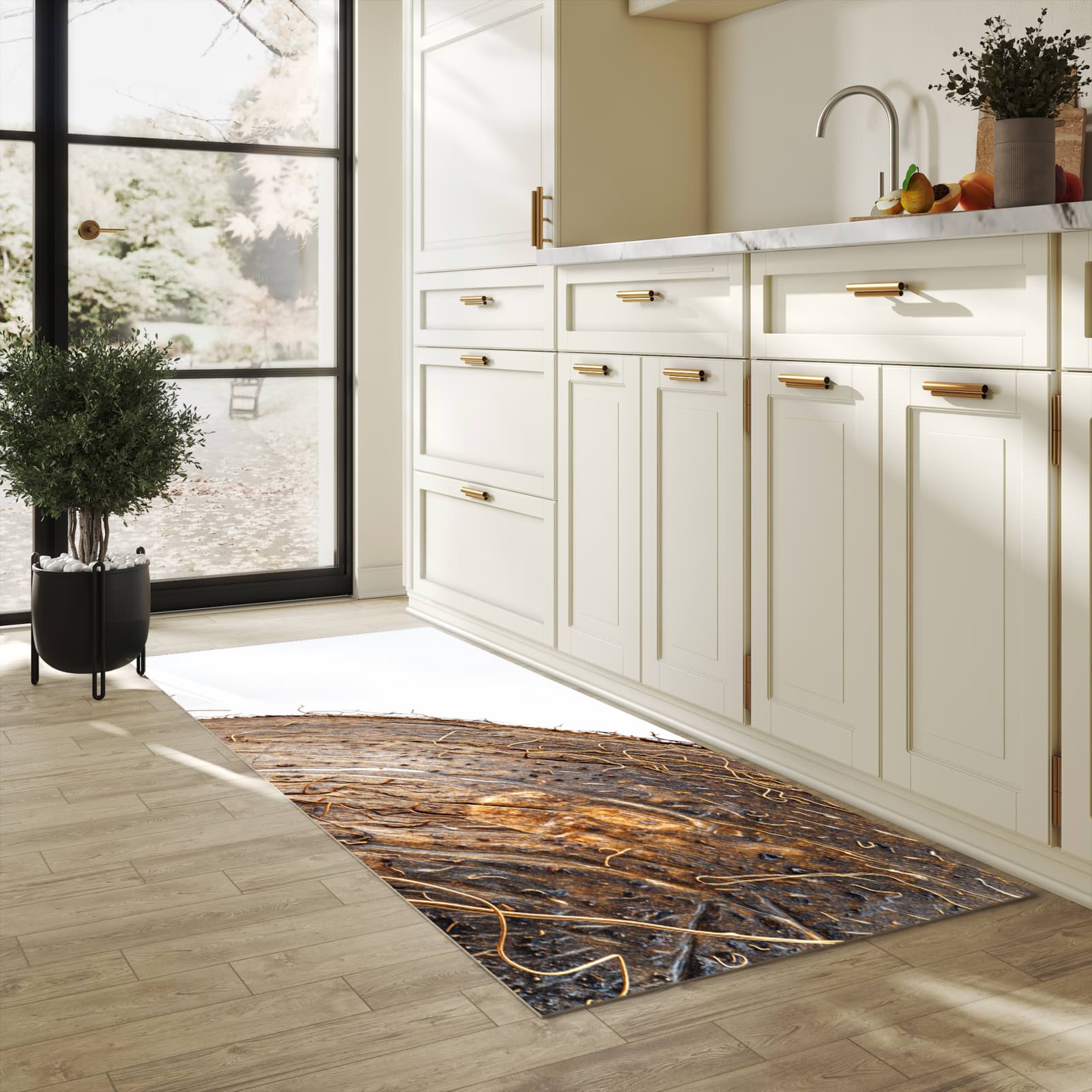 Rutschfester Küchenteppich mit Motiv Nuss Schale Detail in heller Küche