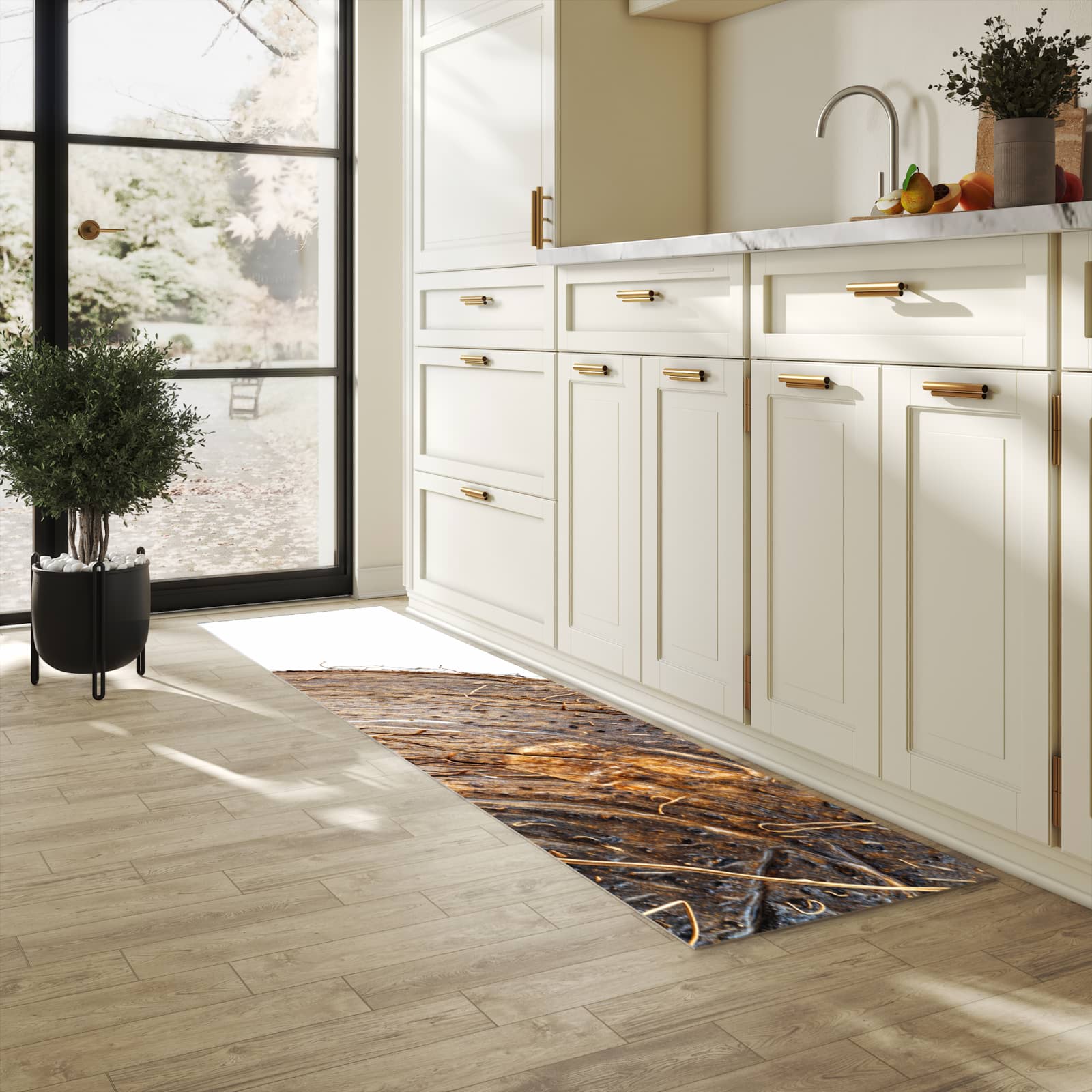 Komfortabler abwaschbarer Küchenteppich mit Motiv Nuss Schale Detail in heller Küche