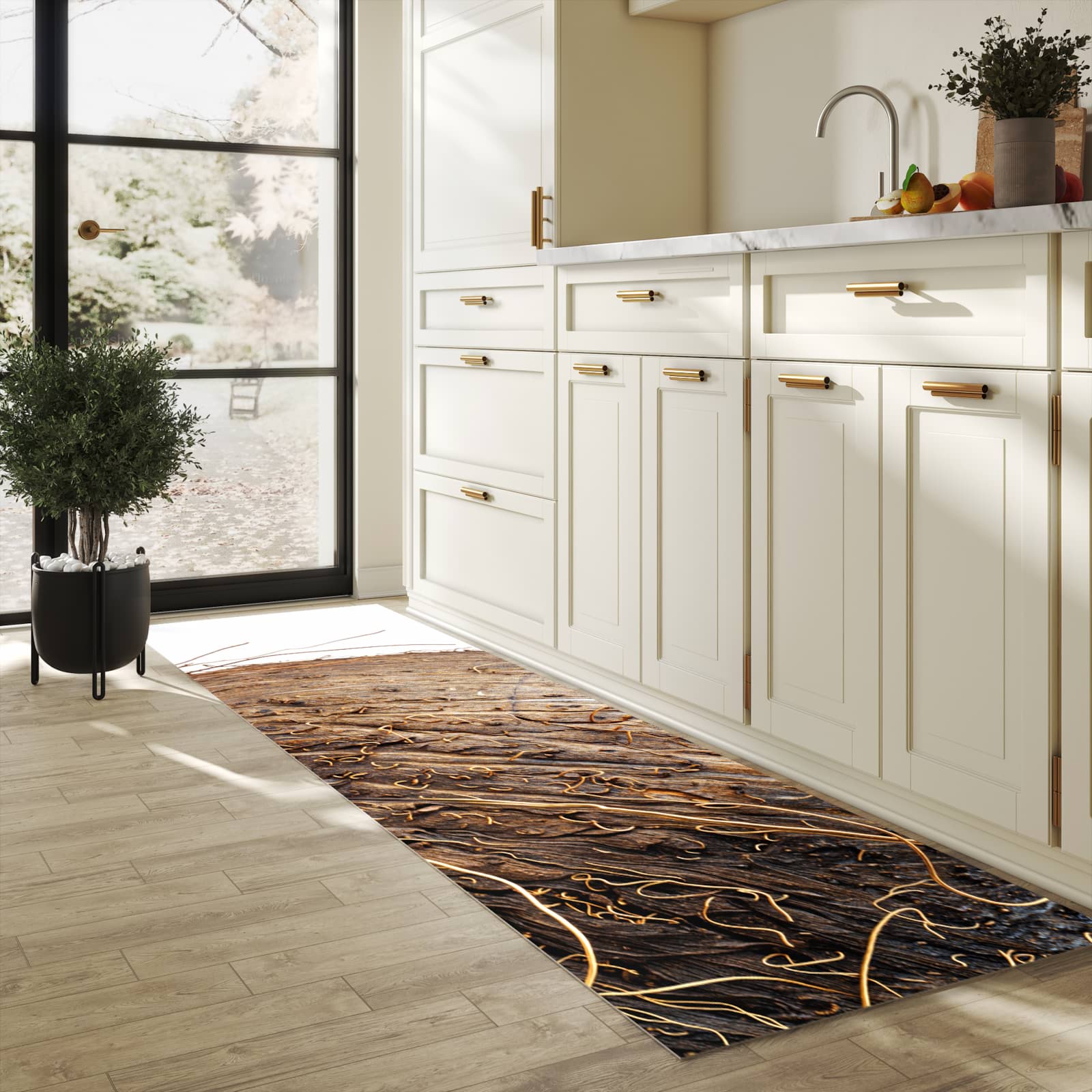 Waschbarer Küchenteppich mit Motiv Nuss Schale Detail in heller Küche