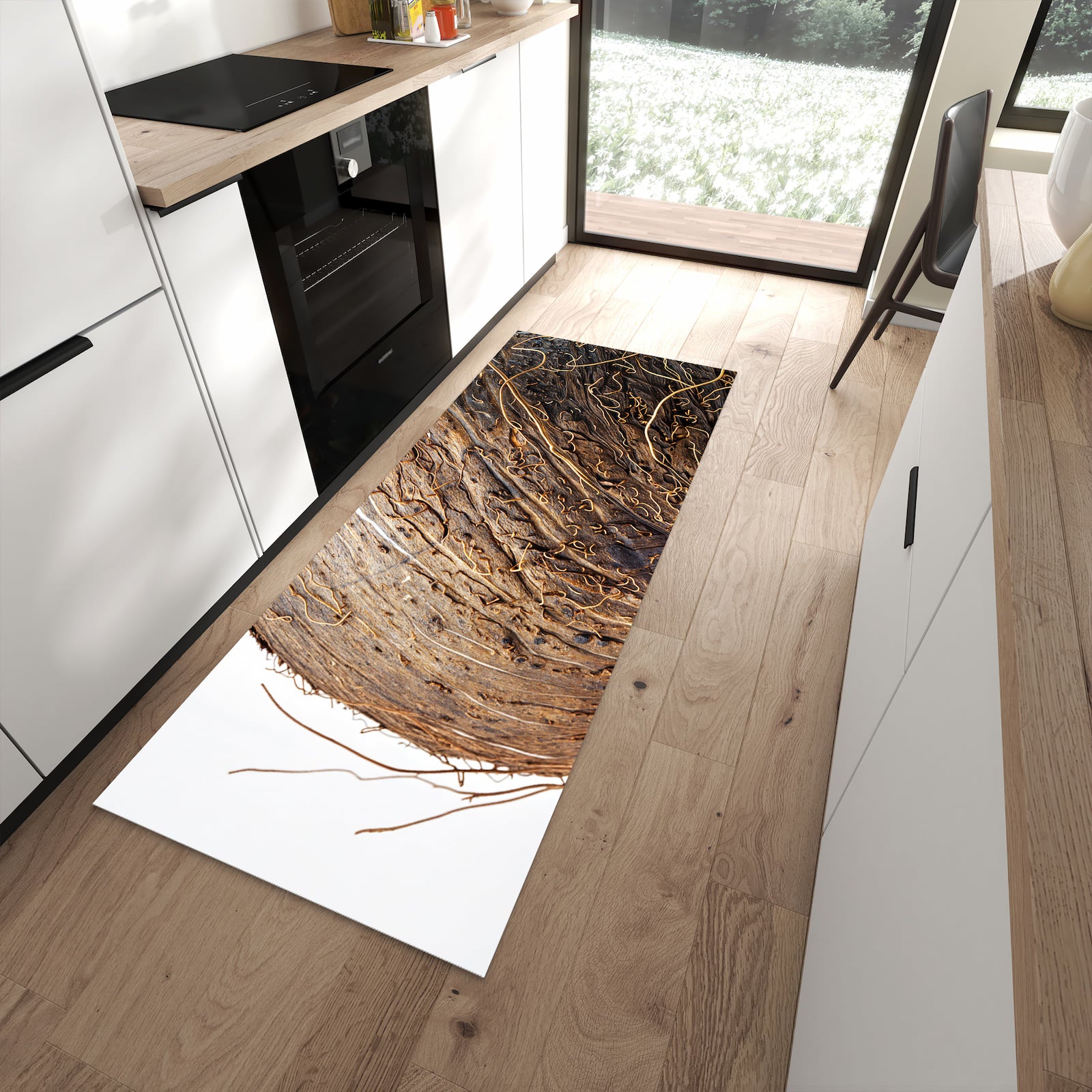 Geruchsneutraler Küchenteppich mit Motiv Nuss Schale Detail in moderner Küche