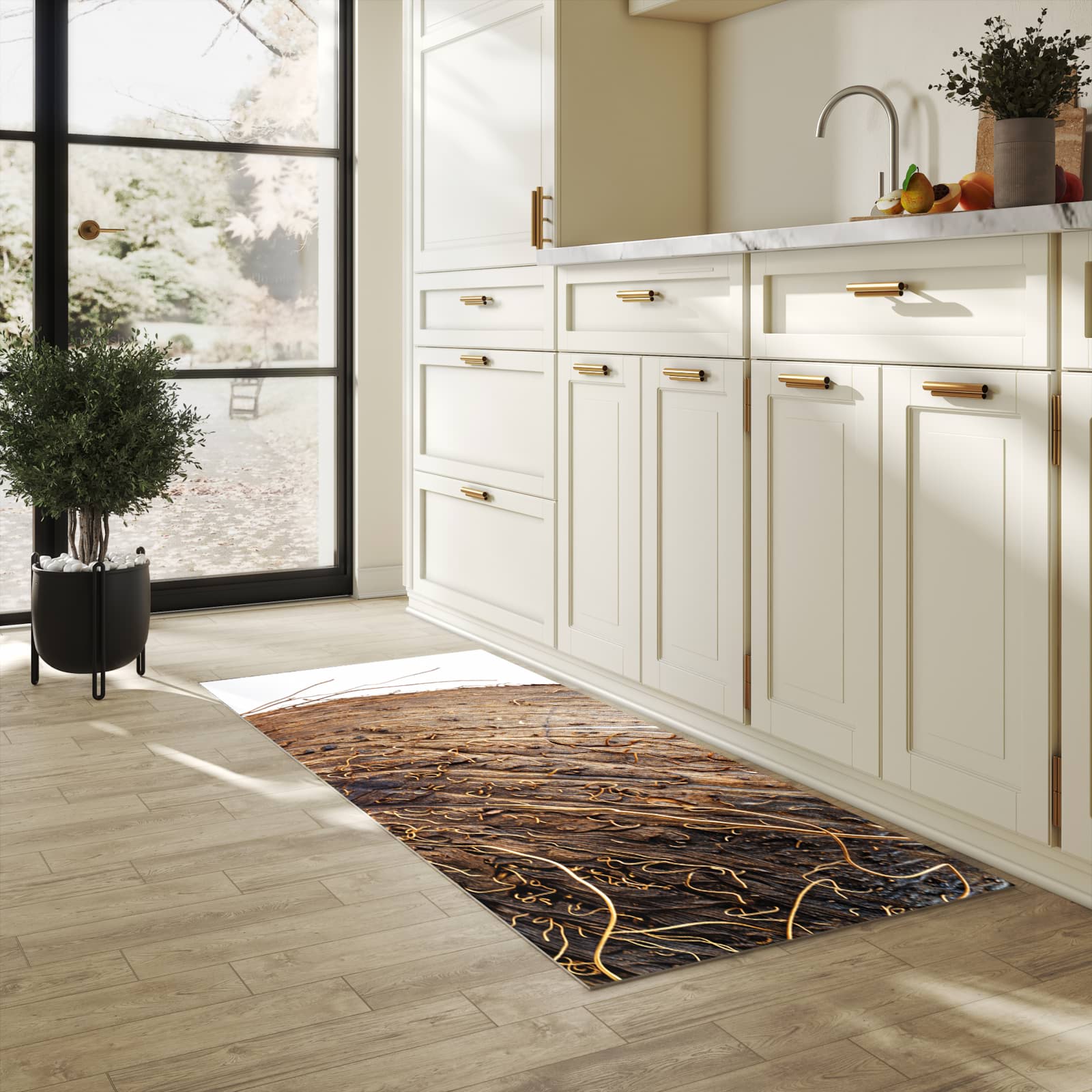 Küchenteppich mit Motiv Nuss Schale Detail für angenehme Haptik in heller Küche