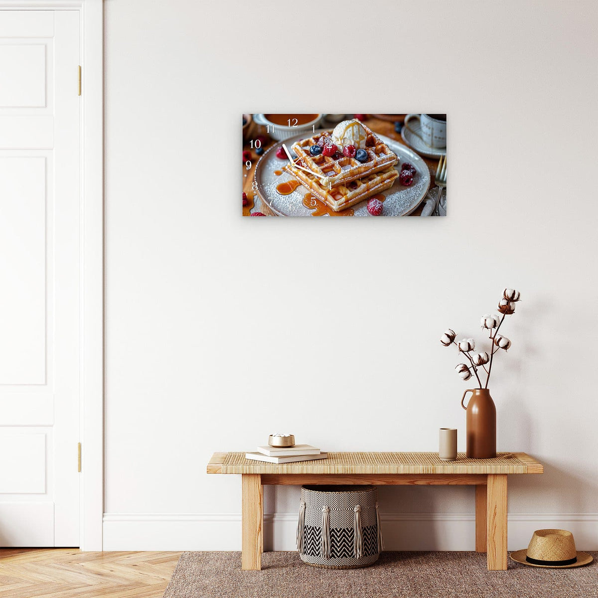 Moderne Wanduhr aus Glas mit Farbtiefe – Wanduhr Belgische Waffeln aus Glas – Querformat 60 × 30 cm