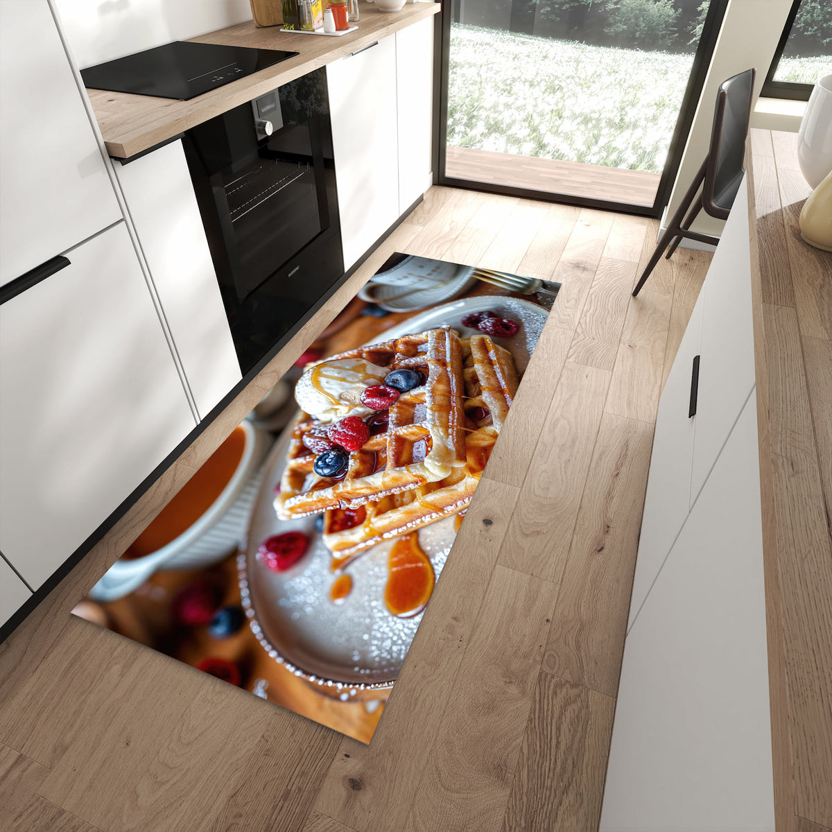 Waschbarer Küchenläufer mit Motiv Belgische Waffeln für Ordnung in moderner Küche