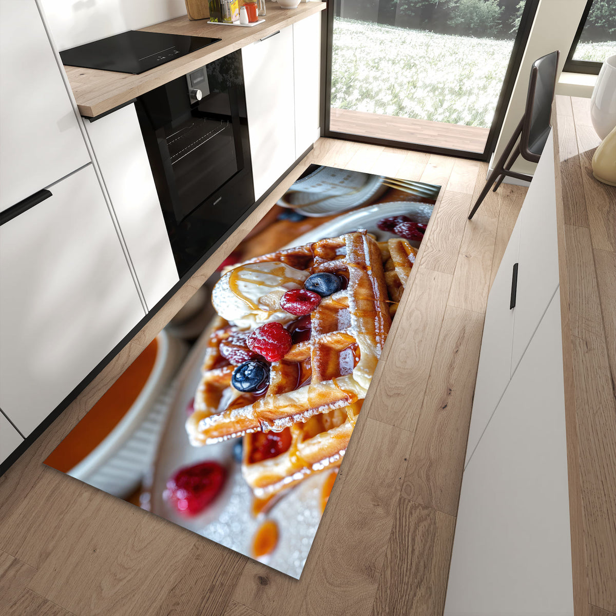 Zeitsparender rutschfester Küchenläufer mit Motiv Belgische Waffeln in moderner Küche