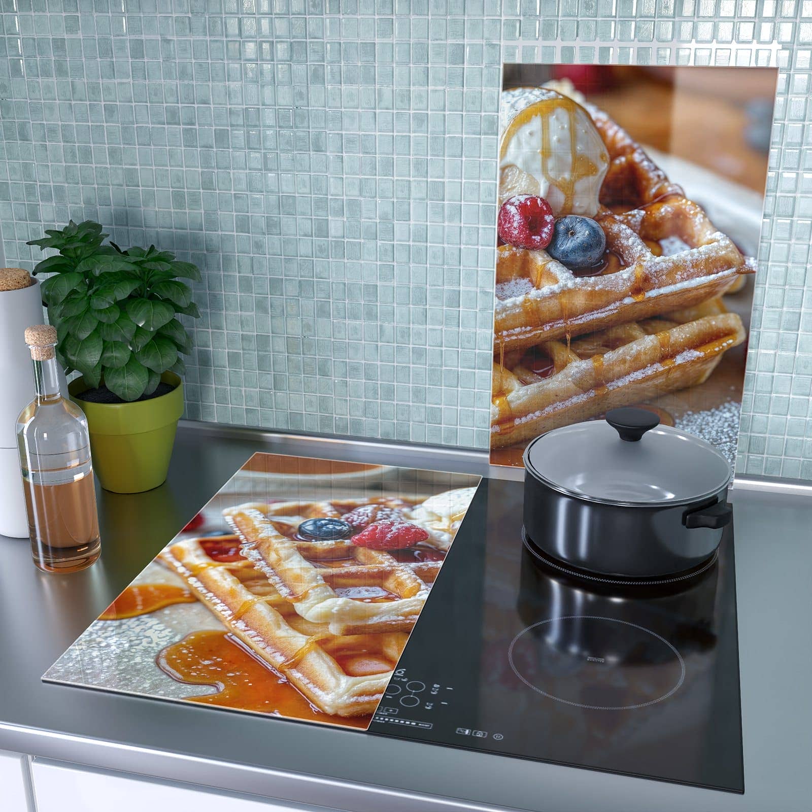 1-teilige Herdabdeckplatten für Ceranfeld mit Belgische Waffeln-Motiv als Spritzschutz hinter dem Kochfeld
