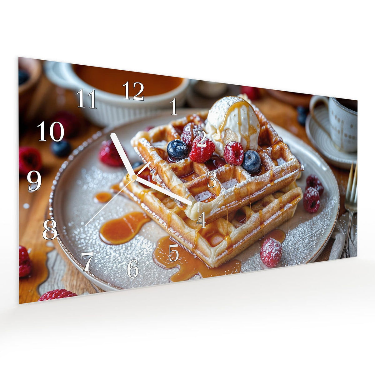 Vormontiert – mit Schwebeeffekt – Wanduhr Belgische Waffeln aus Glas – Querformat 60 × 30 cm