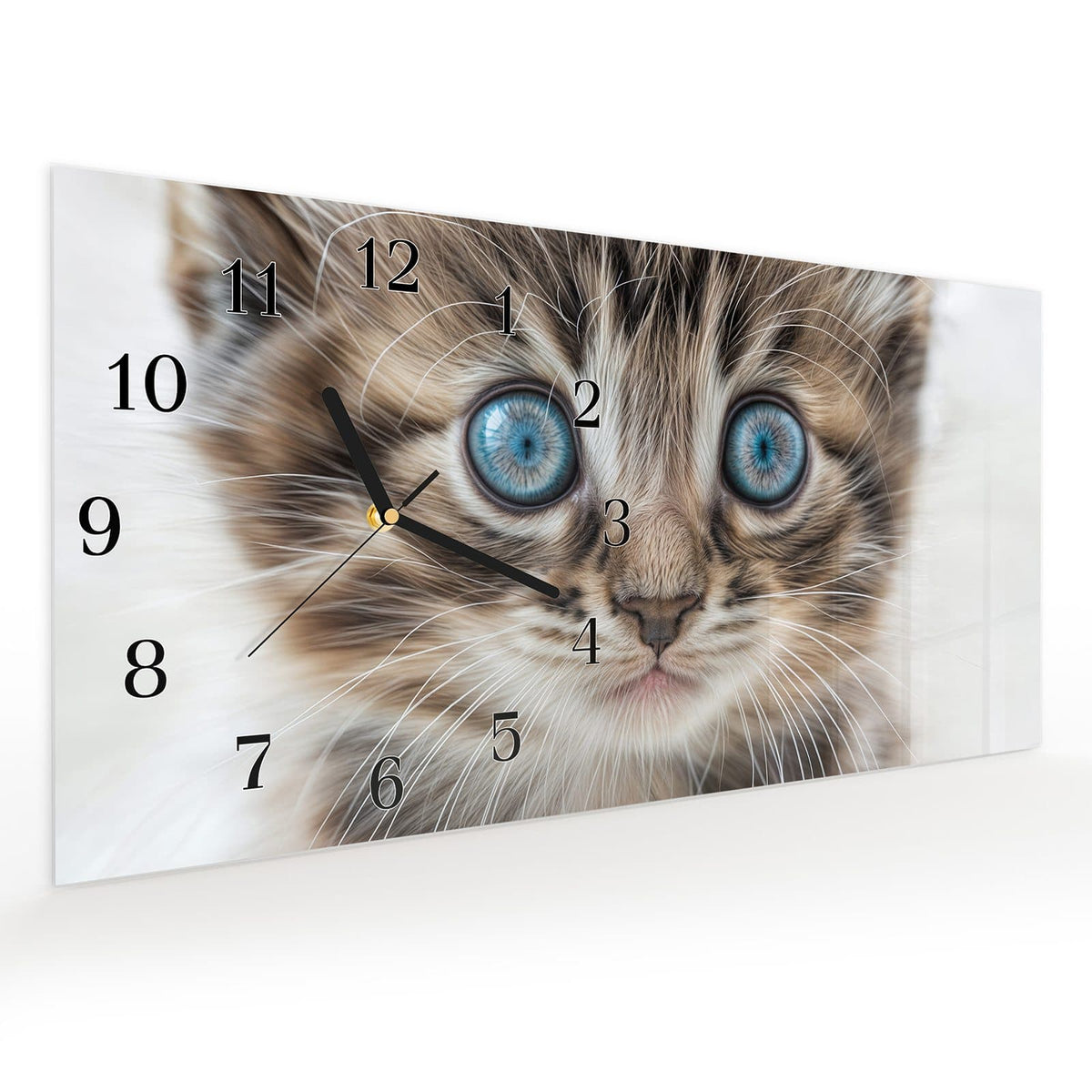 Vormontiert – mit Schwebeeffekt – Wanduhr Blaue Augen Kätzchen aus Glas – Querformat 60 × 30 cm