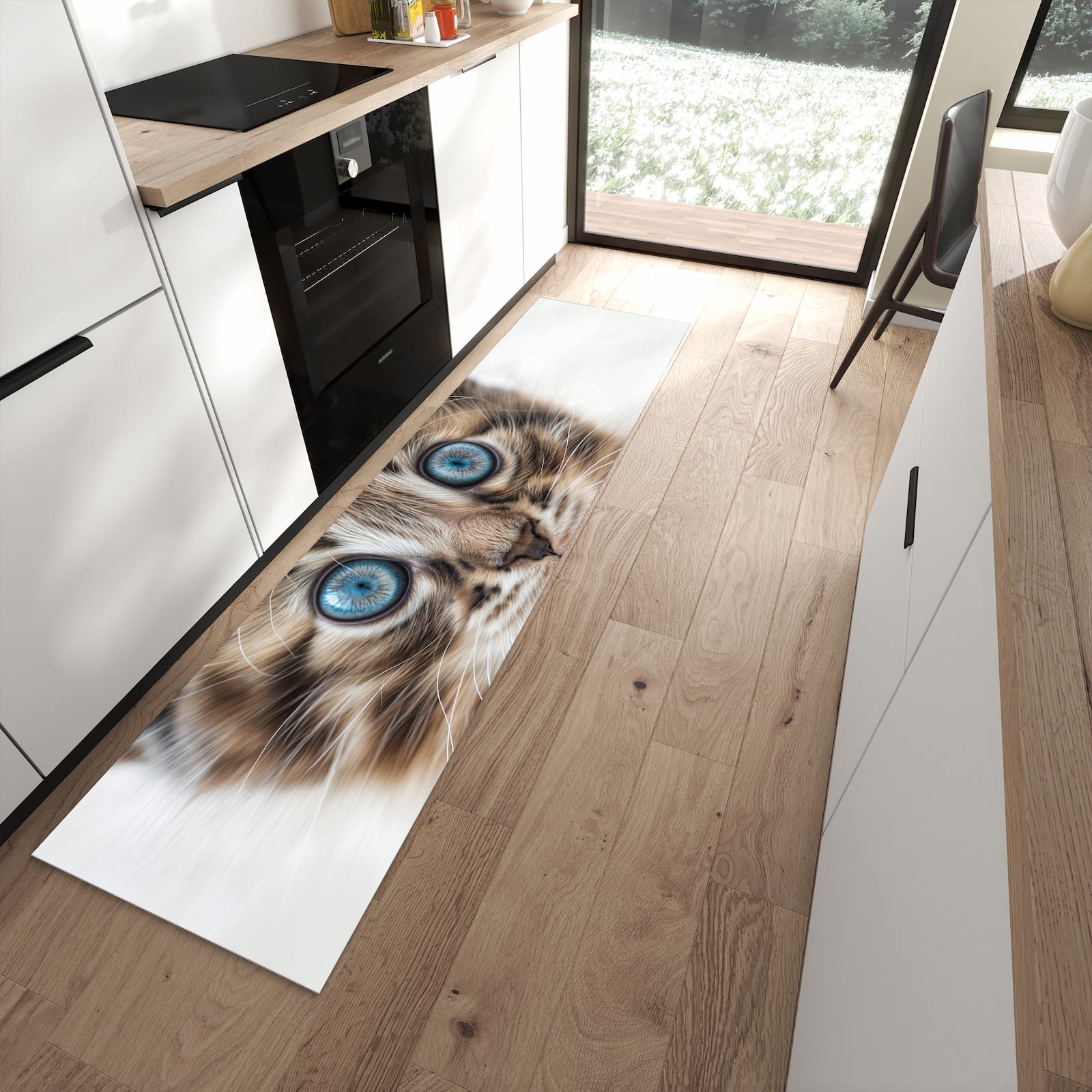 Fleckenresistenter waschbarer Teppich mit Motiv Blaue Augen Kätzchen in moderner Küche