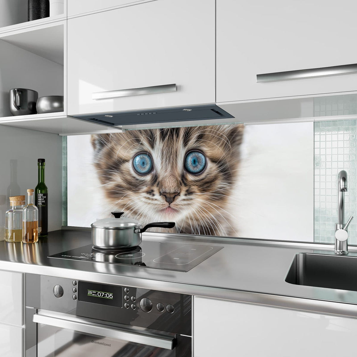 Küchenrückwand Blauäugiges Kätzchen aus Glas – Kätzchen mit leuchtend blauen Augen