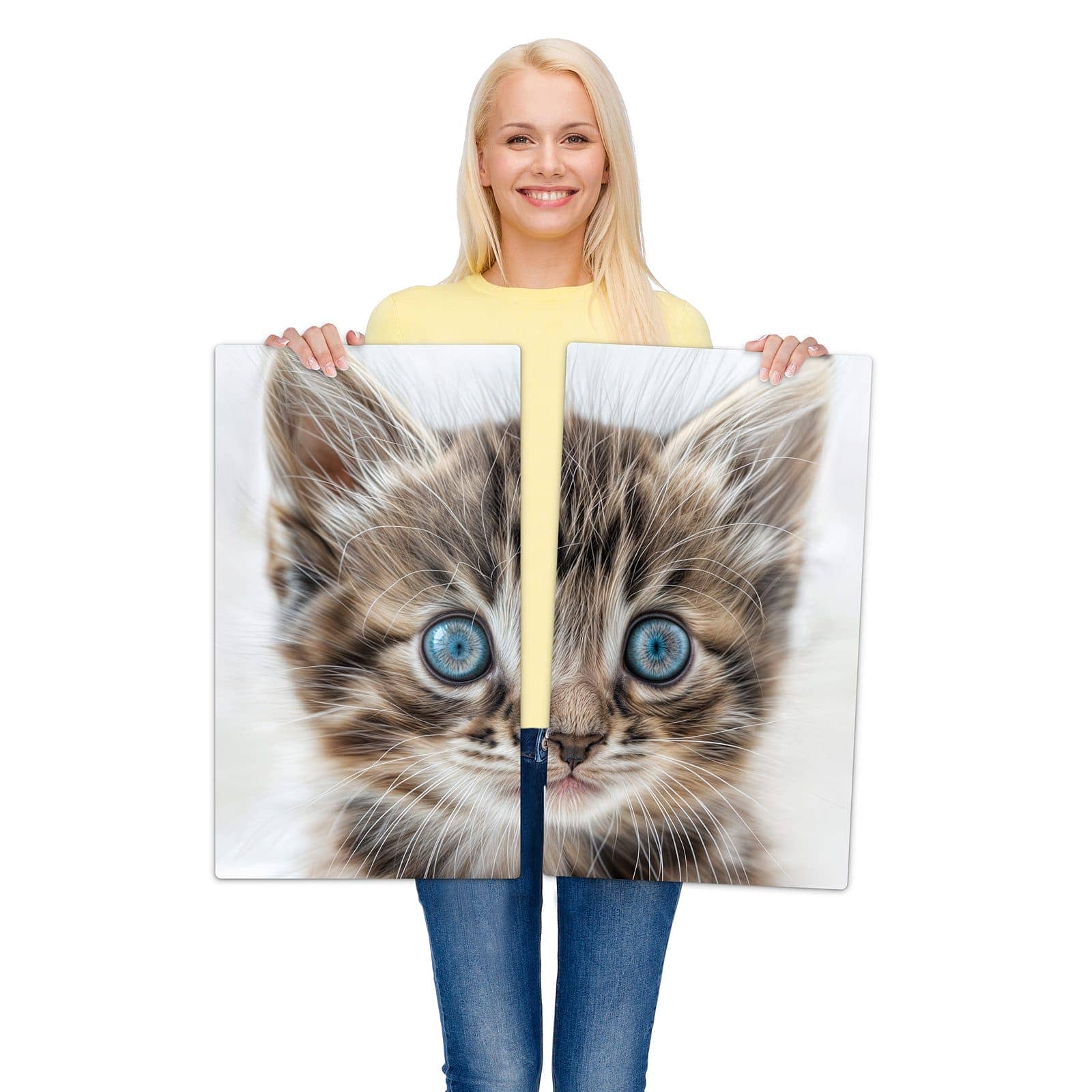 2-teilige Abdeckplatten für Ceranfeld mit Blaue Augen Kätzchen-Motiv wird zur Größendarstellung gehalten