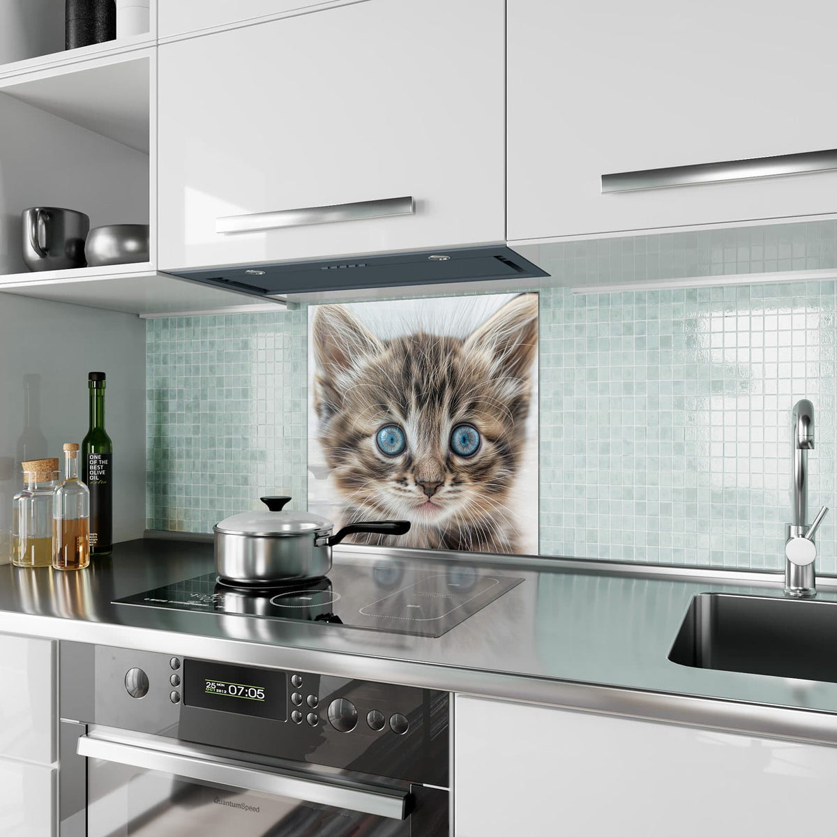 Küchenrückwand aus Glas Blauäugiges Kätzchen im quadratischen Format als Spritzschutz hinter dem Kochfeld, über dem Fliesenspiegel montiert