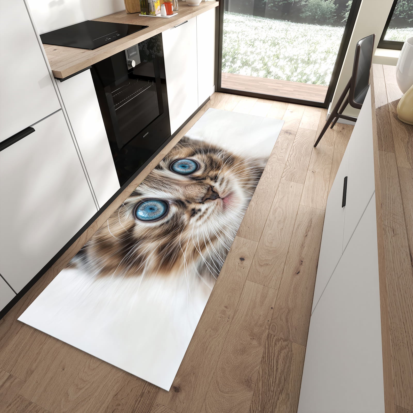 Pflegeleichter Küchenteppich mit Motiv Blaue Augen Kätzchen in moderner Küche