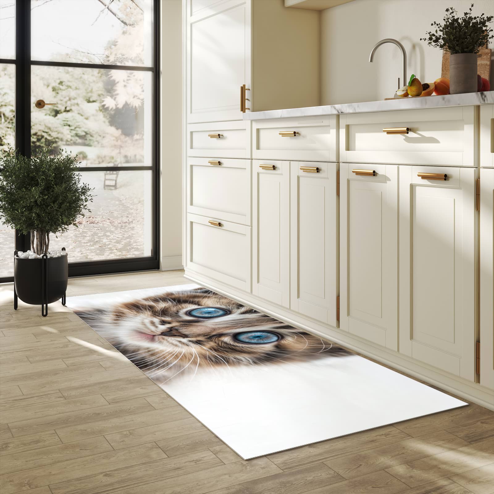 Waschbarer Küchenteppich mit Motiv Blaue Augen Kätzchen in heller Küche schont den Boden