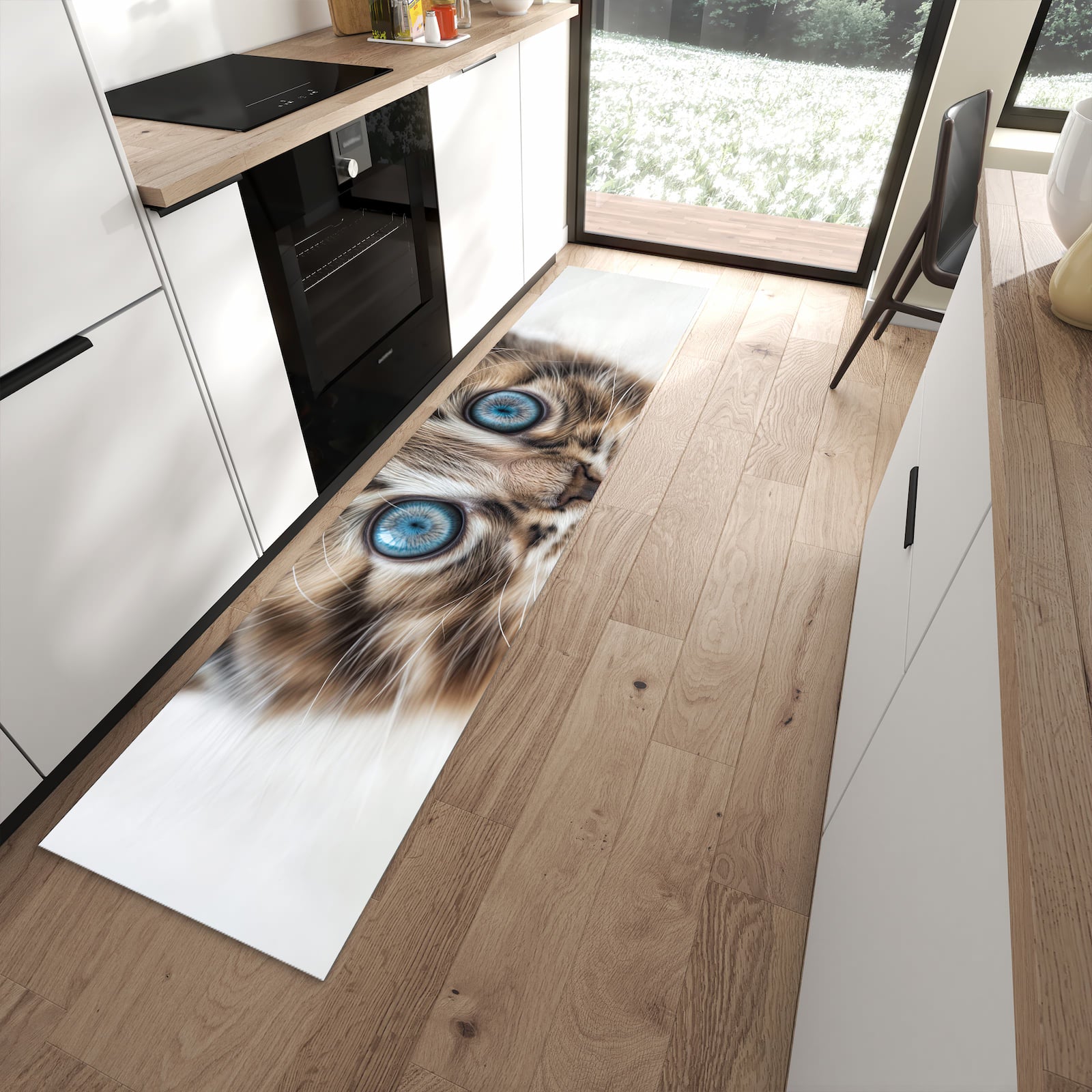 Schmutzabweisender Teppich für Esstisch mit Motiv Blaue Augen Kätzchen in moderner Küche