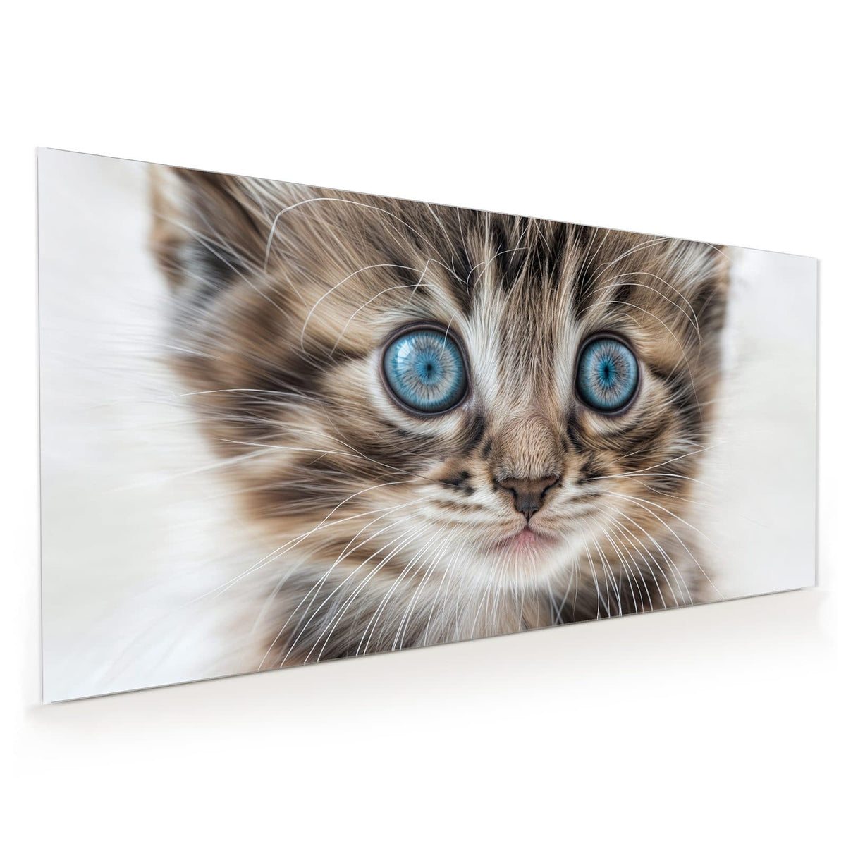 Küchenrückwand aus Glas im Hochformat mit Motiv Blauäugiges Kätzchen: Getigertes Kätzchen frontal, große hellblaue Augen, helles Fell