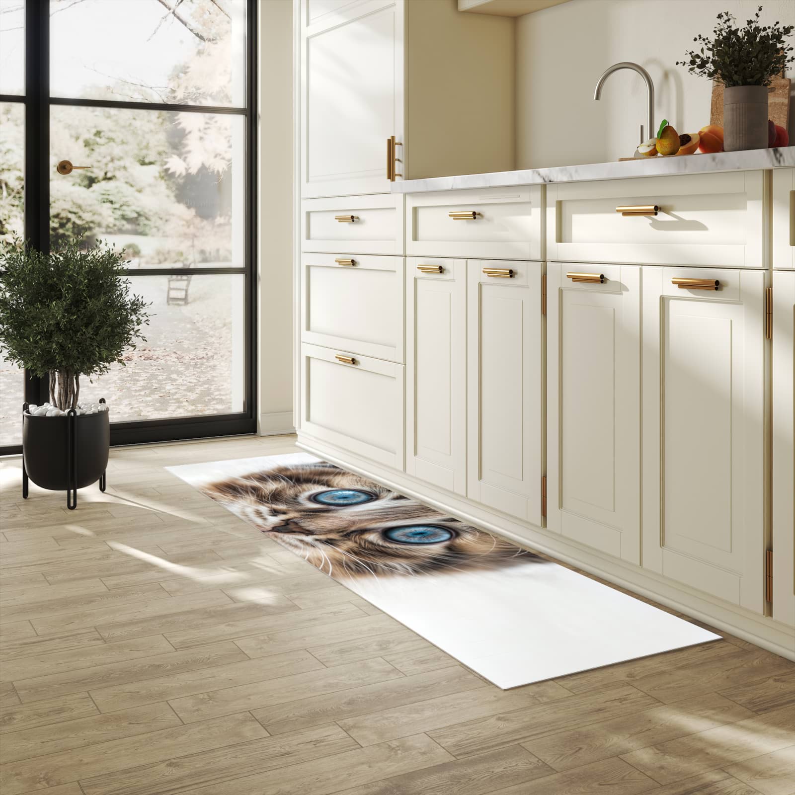 Rutschfester Teppich für Esstisch mit Motiv Blaue Augen Kätzchen in heller Küche