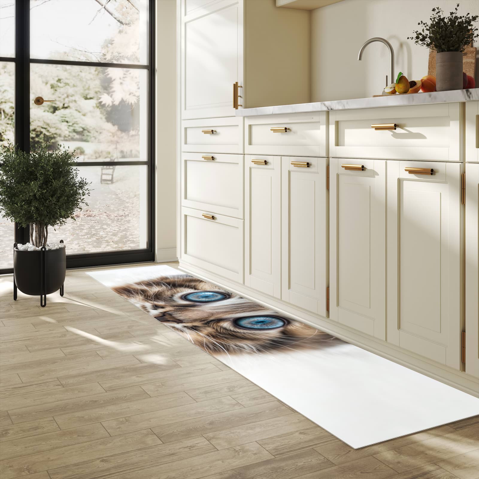 Bodenläufer mit Motiv Blaue Augen Kätzchen für angenehme Haptik in heller Küche