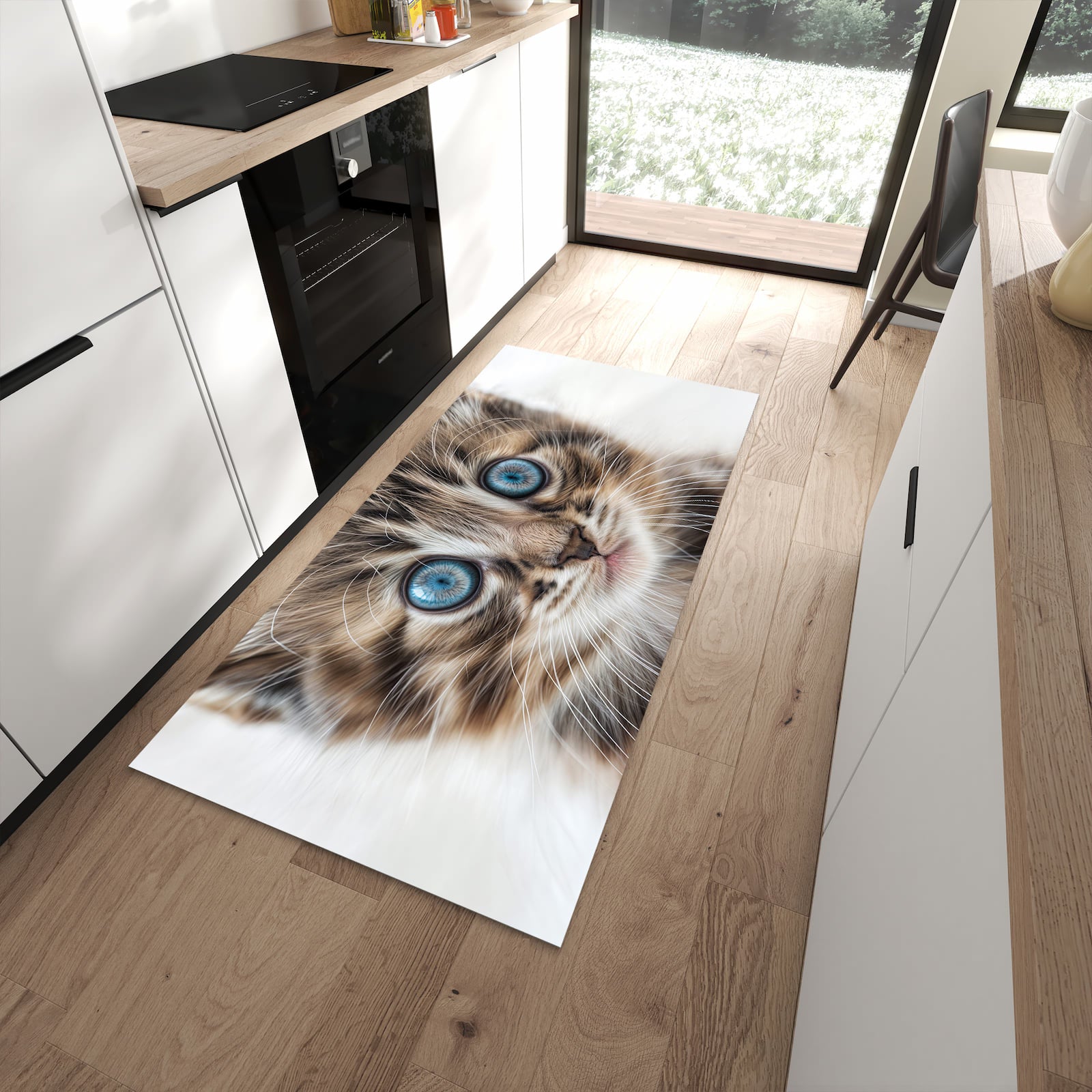 Rutschfester Küchenteppich mit Motiv Blaue Augen Kätzchen in moderner Küche - leicht zu reinigen