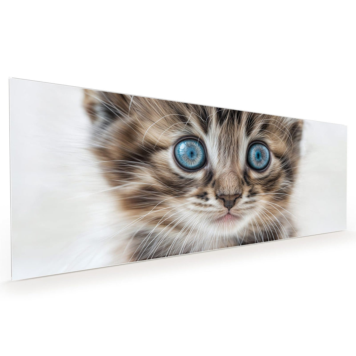 Küchenrückwand aus Glas im Hochformat mit Motiv Blauäugiges Kätzchen: Getigertes Kätzchen frontal, große hellblaue Augen, helles Fell