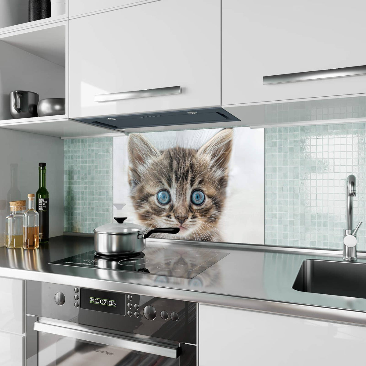 Küchenrückwand aus Glas Blauäugiges Kätzchen im Hochformat als Spritzschutz hinter dem Kochfeld, über dem Fliesenspiegel montiert