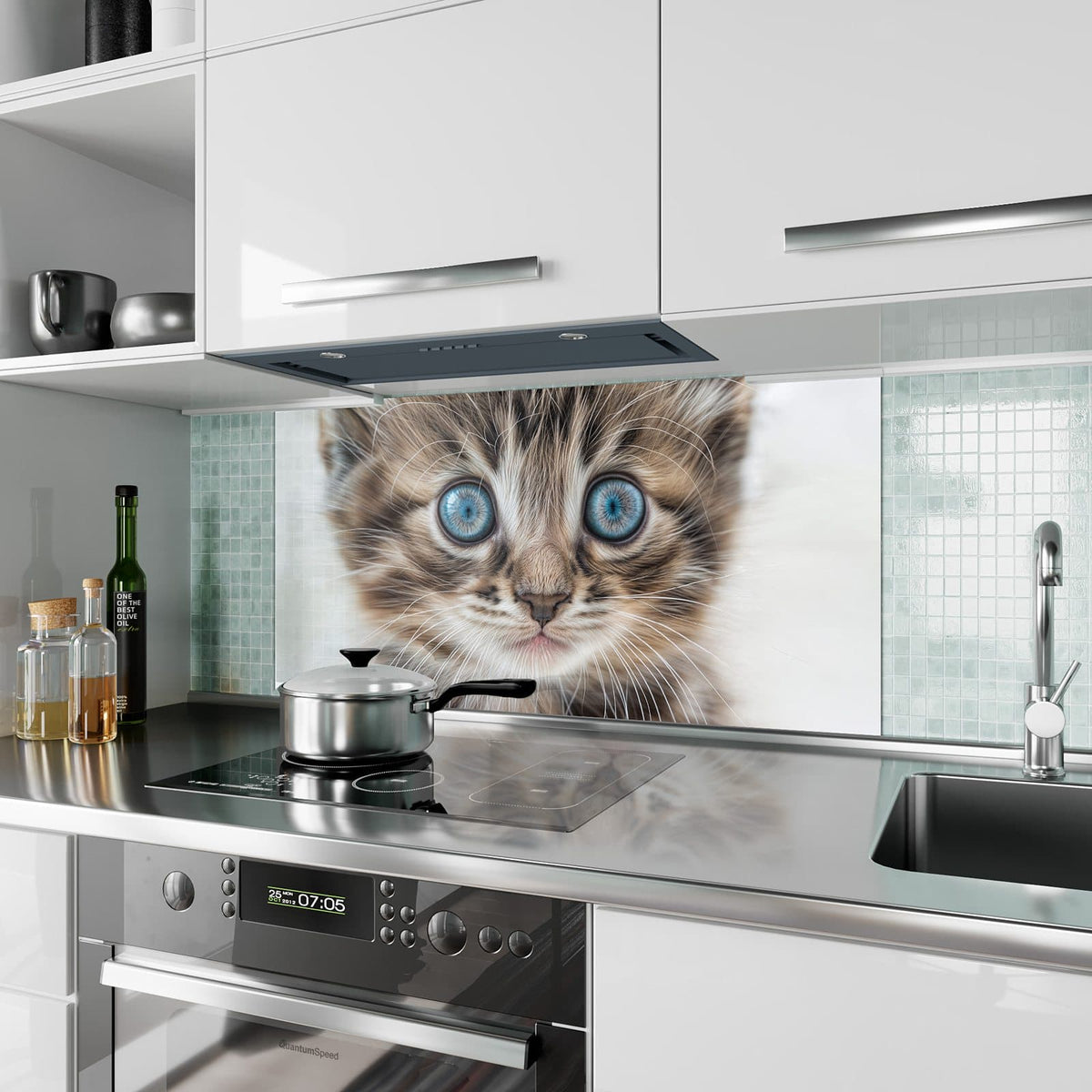 Küchenrückwand aus Glas Blauäugiges Kätzchen im Hochformat als Spritzschutz hinter dem Kochfeld, über dem Fliesenspiegel montiert