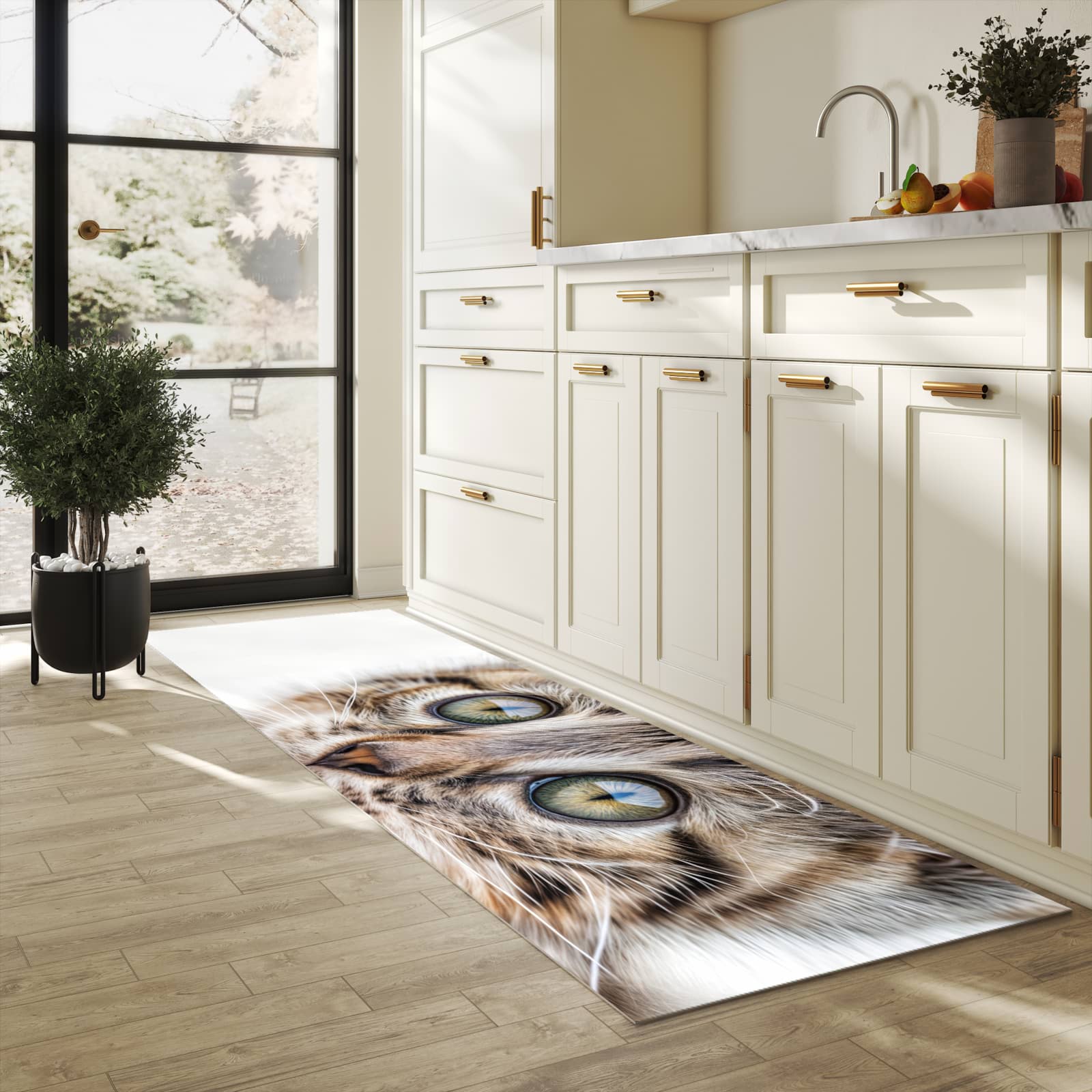 Fleckenresistenter langer Teppich mit Motiv Katzenjunges trittin in heller Küche