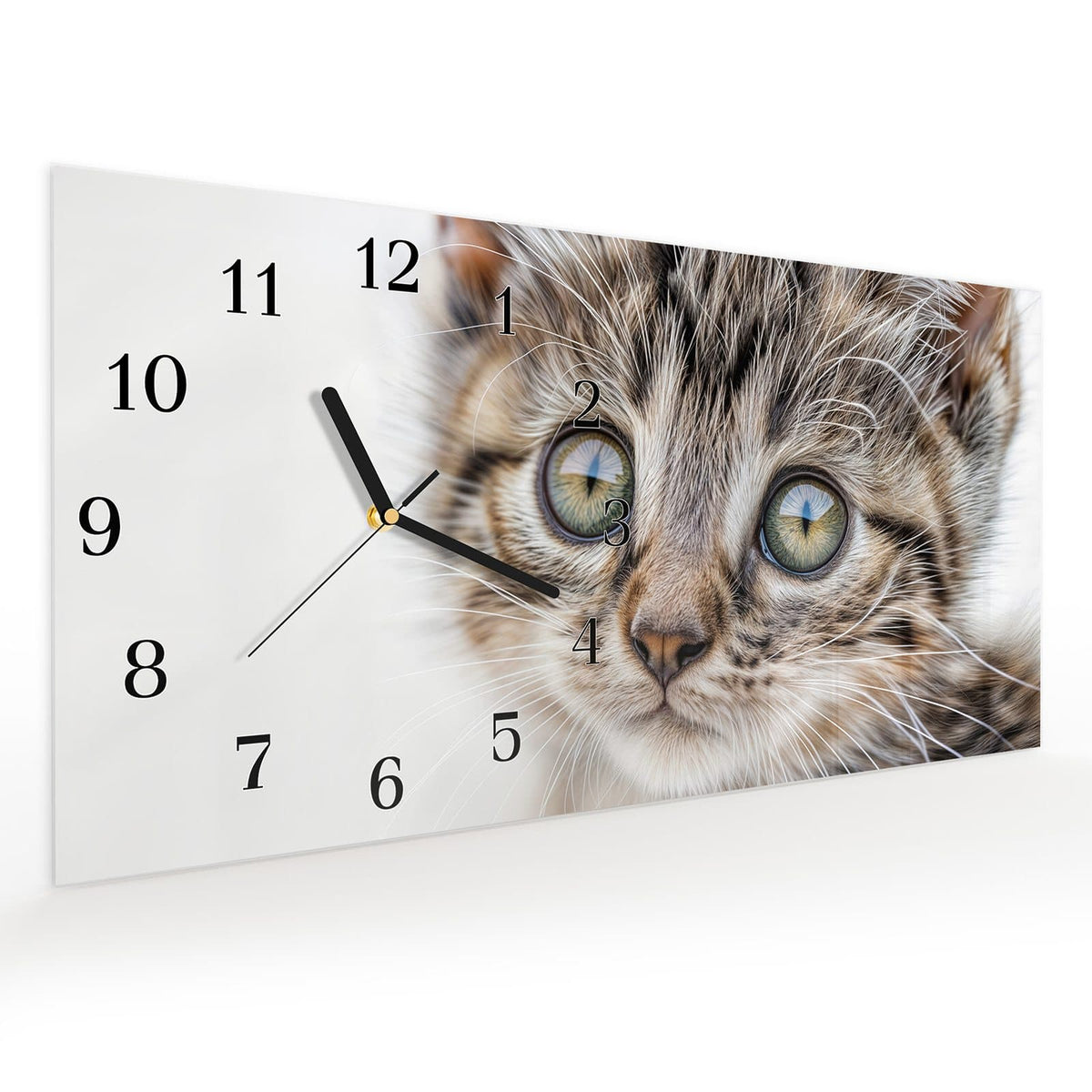 Vormontiert – mit Schwebeeffekt – Wanduhr Neugieriges Katzenjunges aus Glas – Querformat 60 × 30 cm