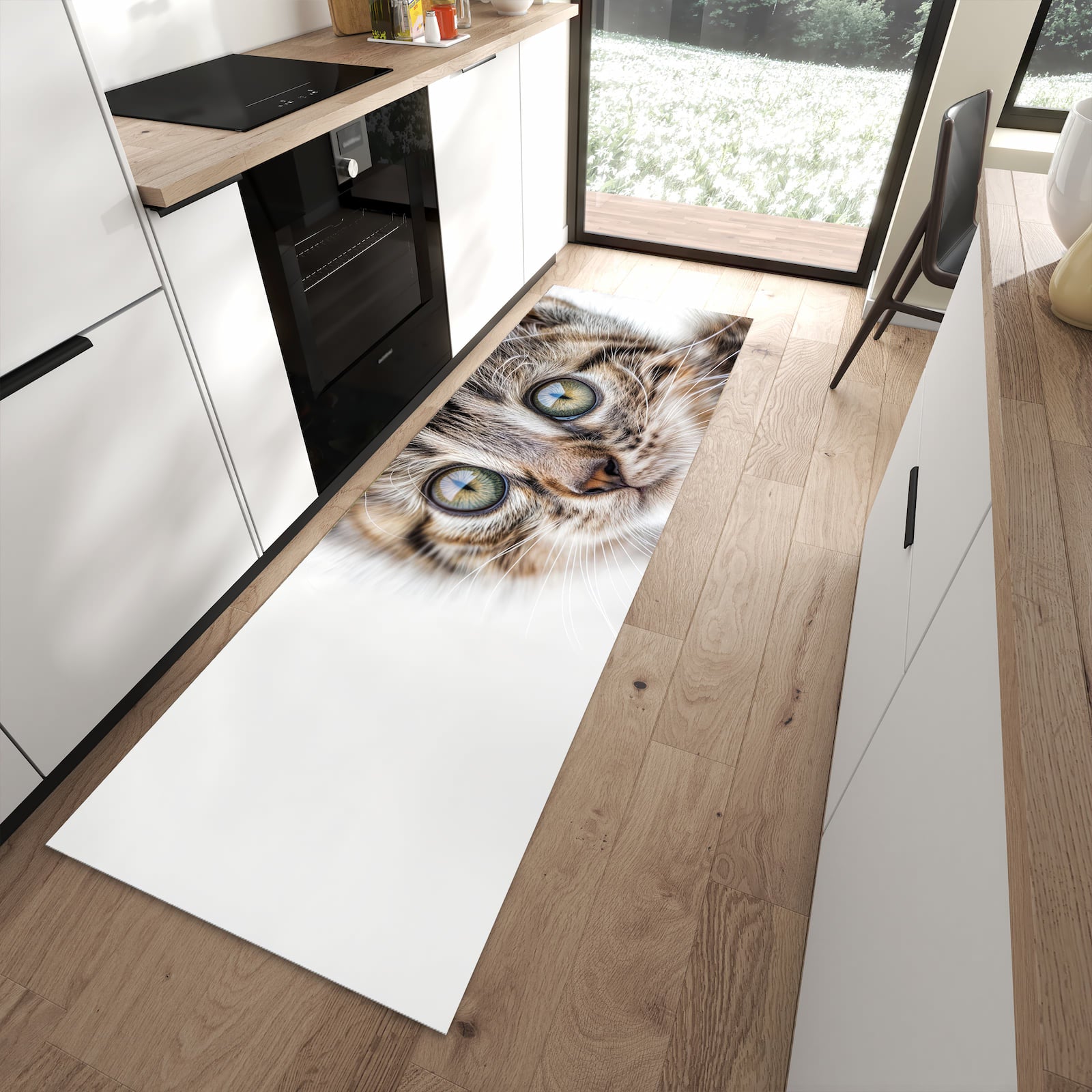 Formstabiler waschbarer Läufer für die Küche mit Motiv Katzenjunges trittin in moderner Küche