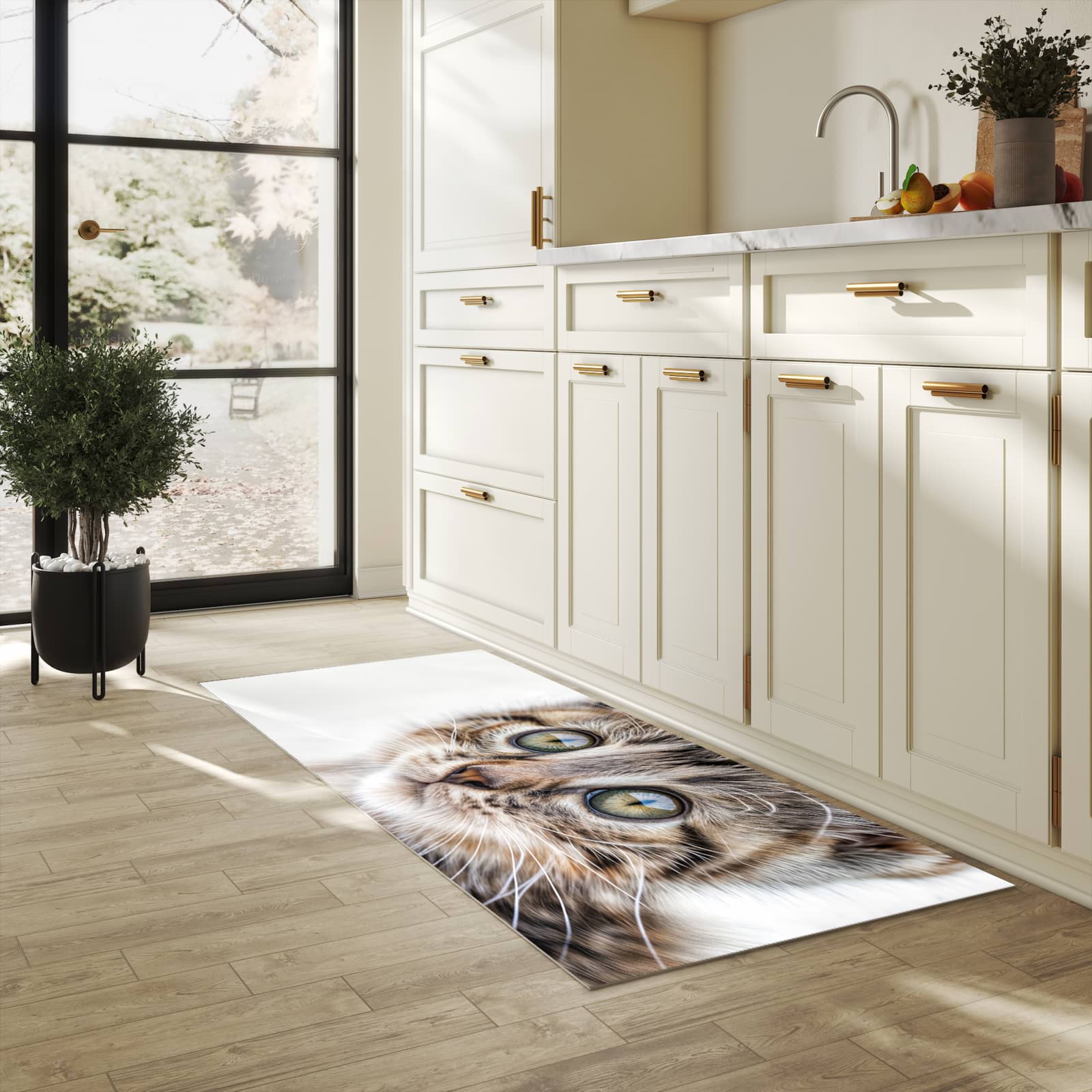 Waschbarer Küchenläufer mit Motiv Katzenjunges trittin für Trittkomfort in heller Küche