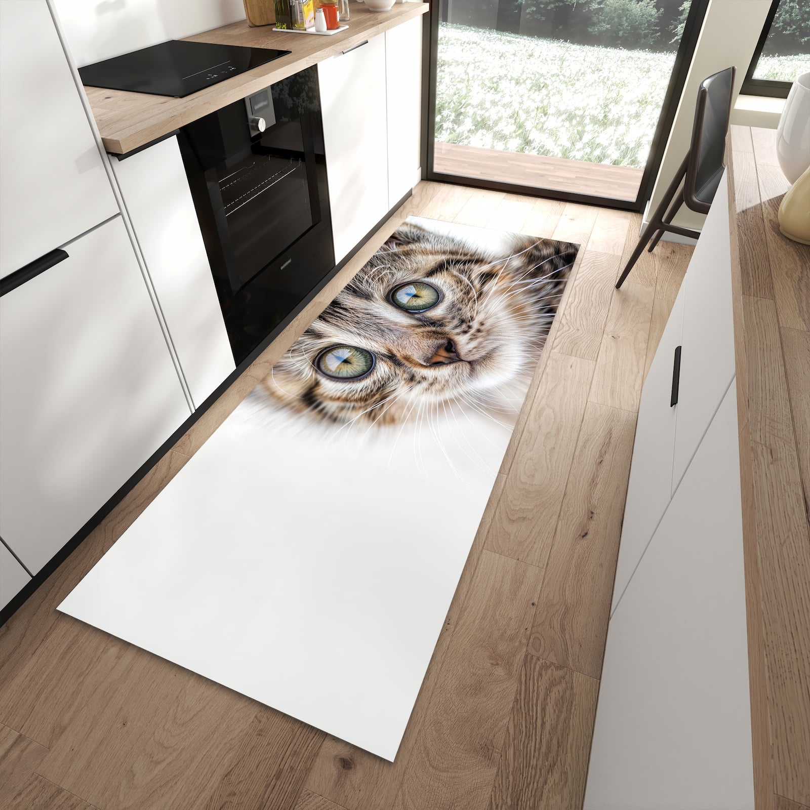 Abriebfester rutschfester Läufer mit Motiv Katzenjunges trittin in moderner Küche