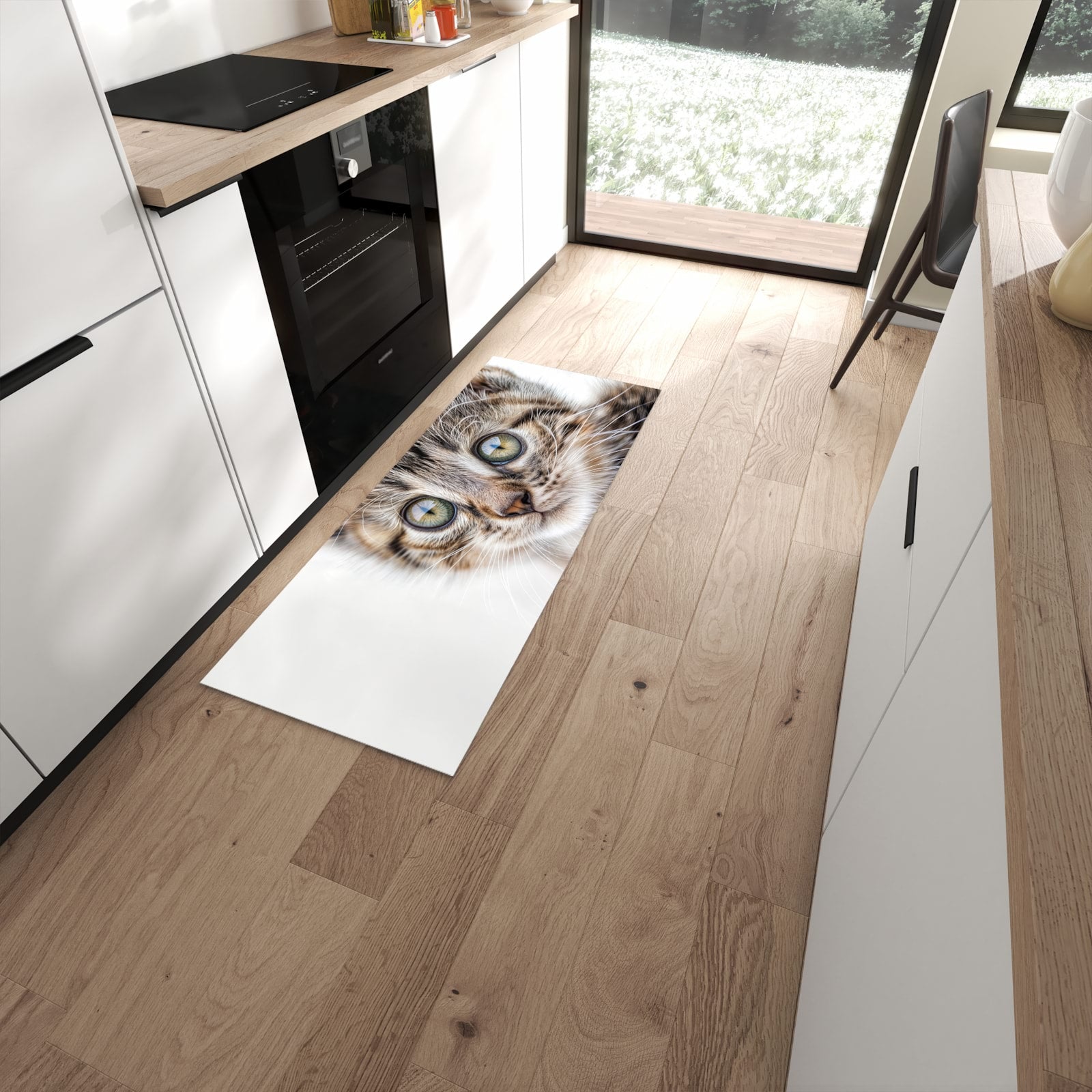Langlebiger Küchenläufer mit Motiv Katzenjunges trittin in moderner Küche #grösse_60 x 150 cm