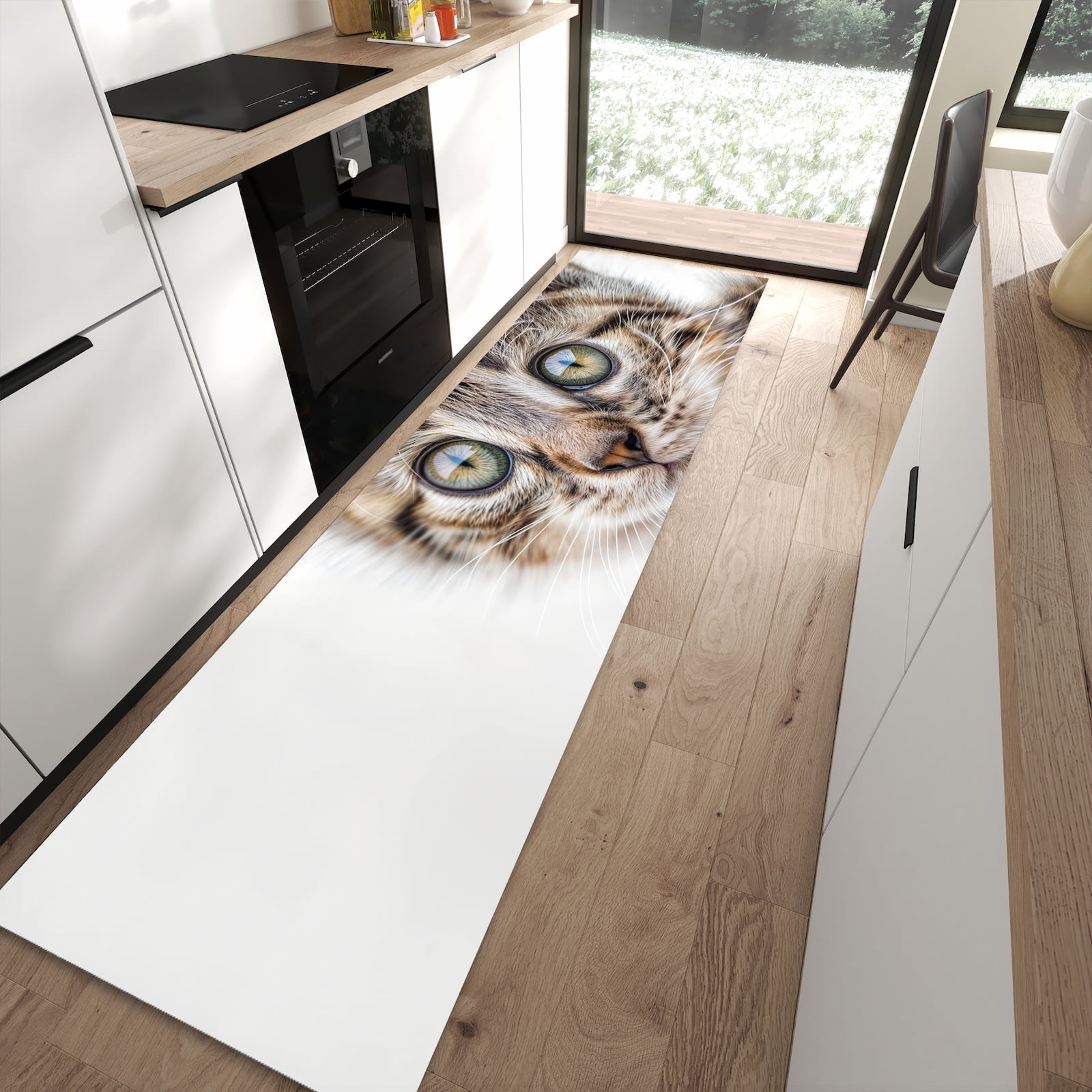 Zeitsparender langer Teppich mit Motiv Katzenjunges trittin in moderner Küche