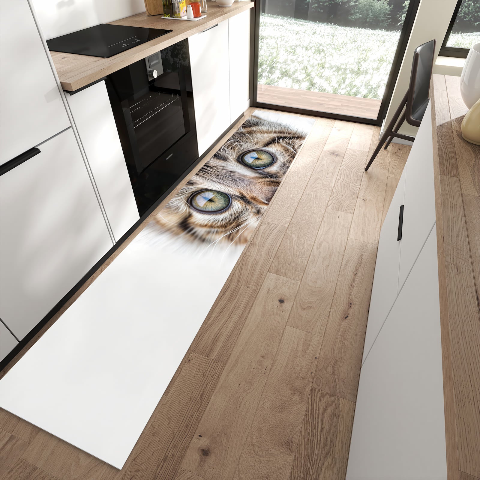 Ordnungsschaffender Küchenläufer mit Motiv Katzenjunges trittin in moderner Küche