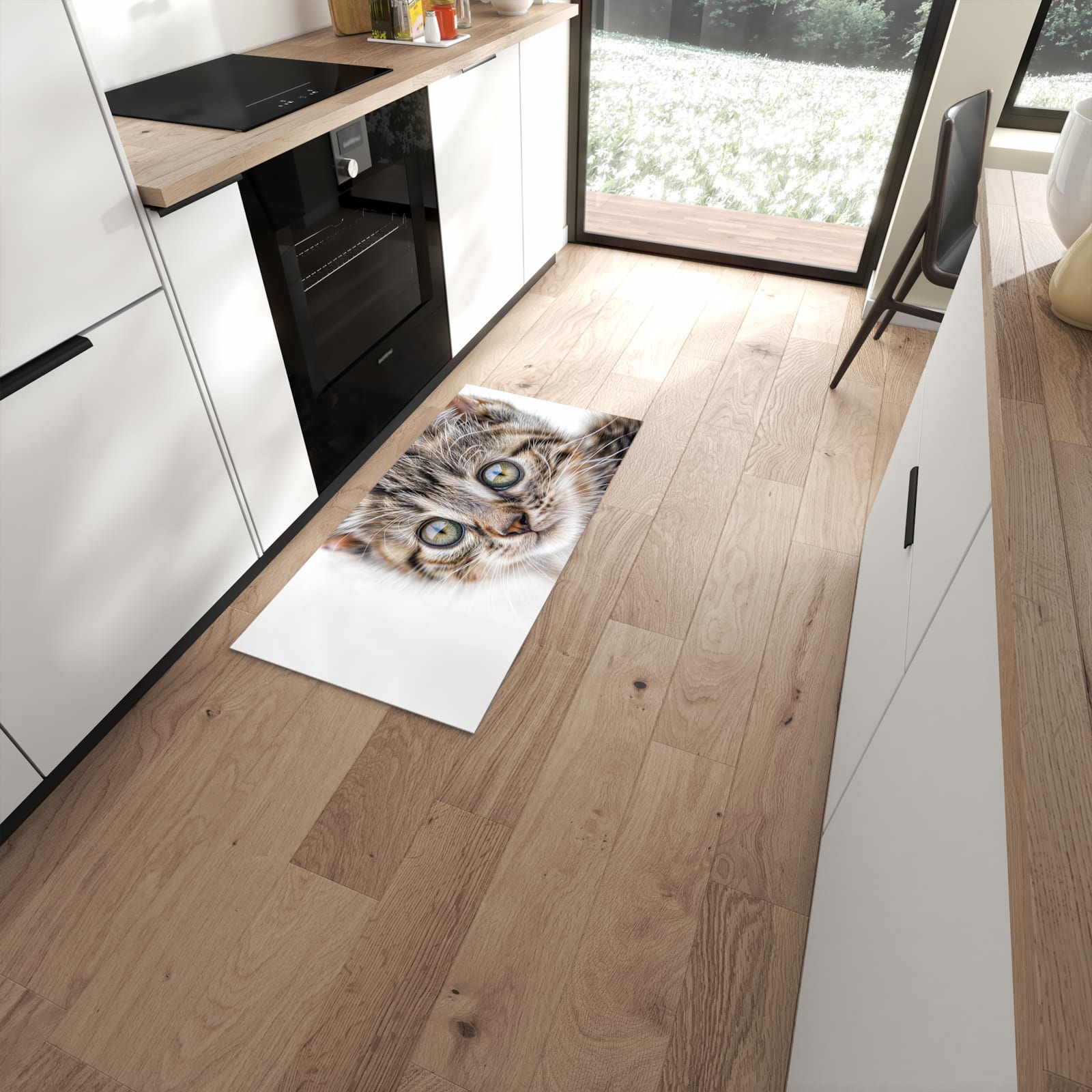 Waschbarer Küchenläufer mit Motiv Katzenjunges trittin in moderner Küche #grösse_60 x 120 cm