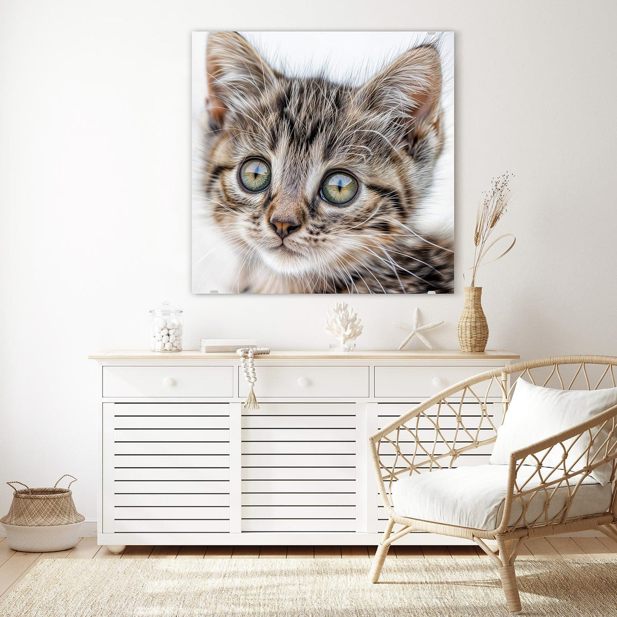 Echtglas, 4 mm – kein Acryl, keine Folie – Wandbild - Neugieriges Katzenjunges - Quadratisch