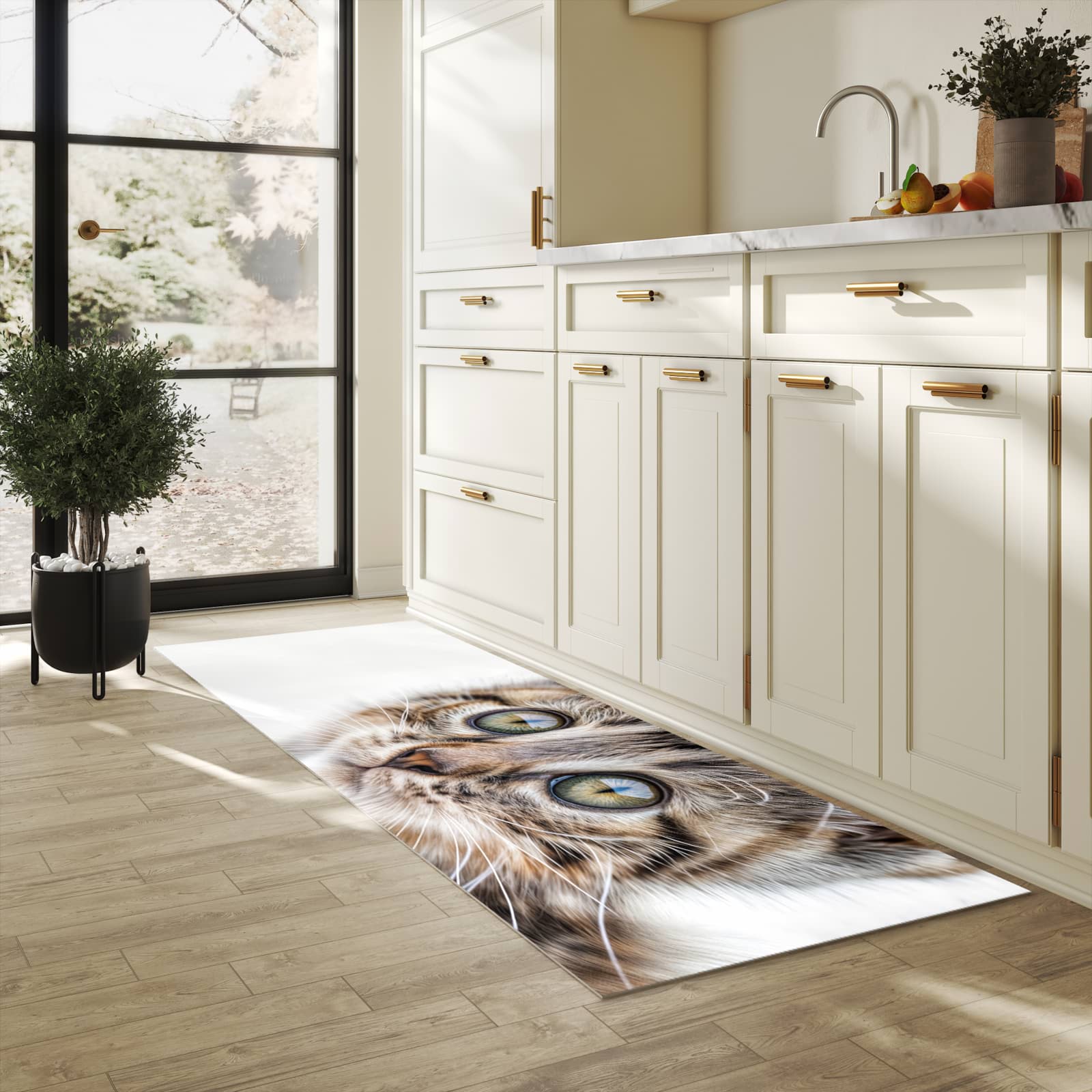 Wasserabweisender Küchenläufer mit Motiv Katzenjunges trittin in heller Küche