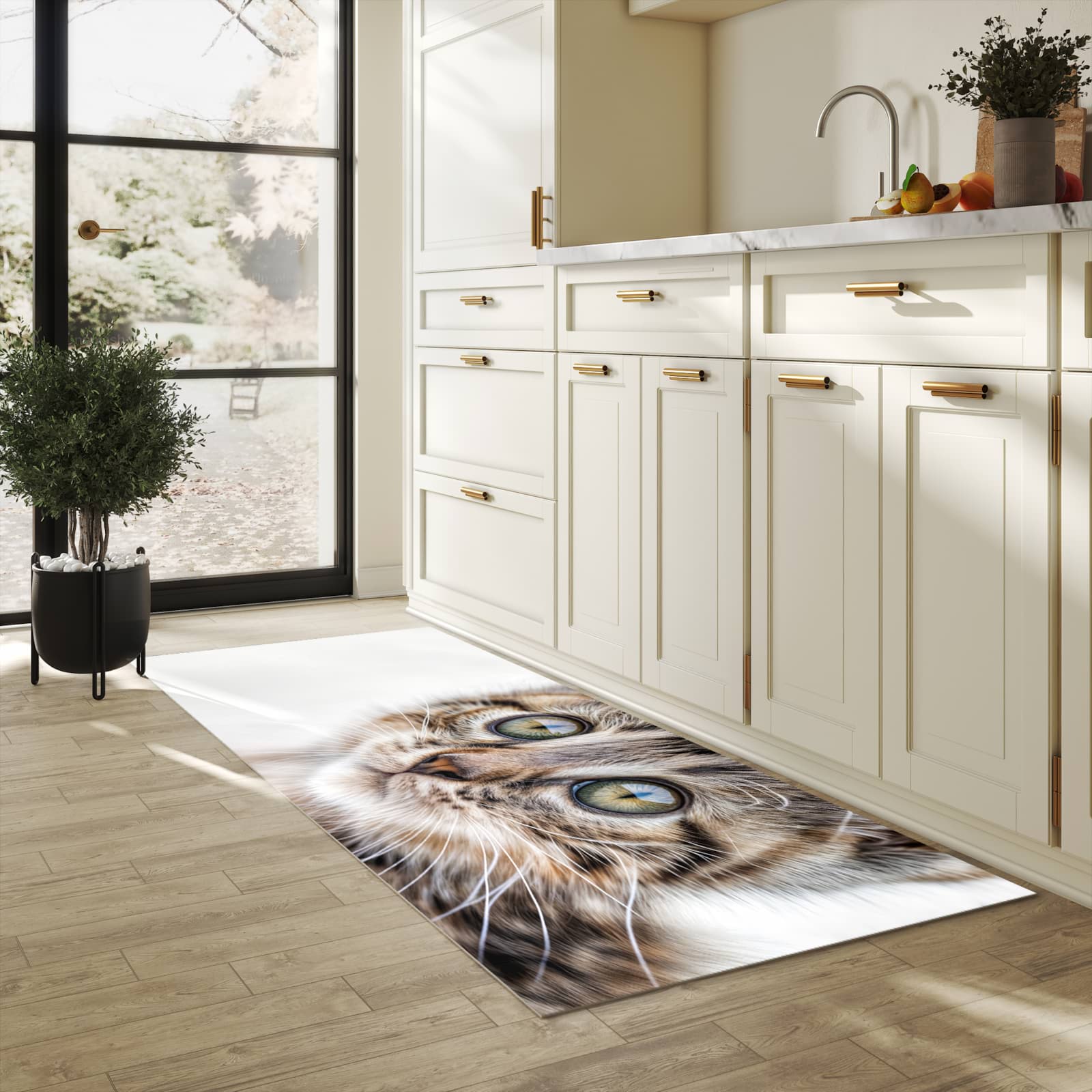 Langlebiger dünner Küchenteppich mit Motiv Katzenjunges trittin in heller Küche