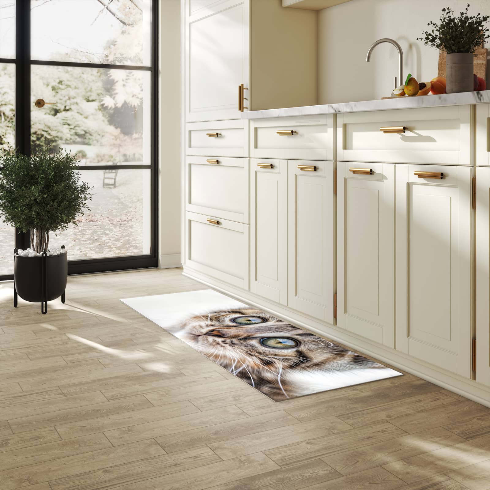 Küchenvorleger mit Motiv Katzenjunges trittin in heller Küche für sichere Aufbewahrung