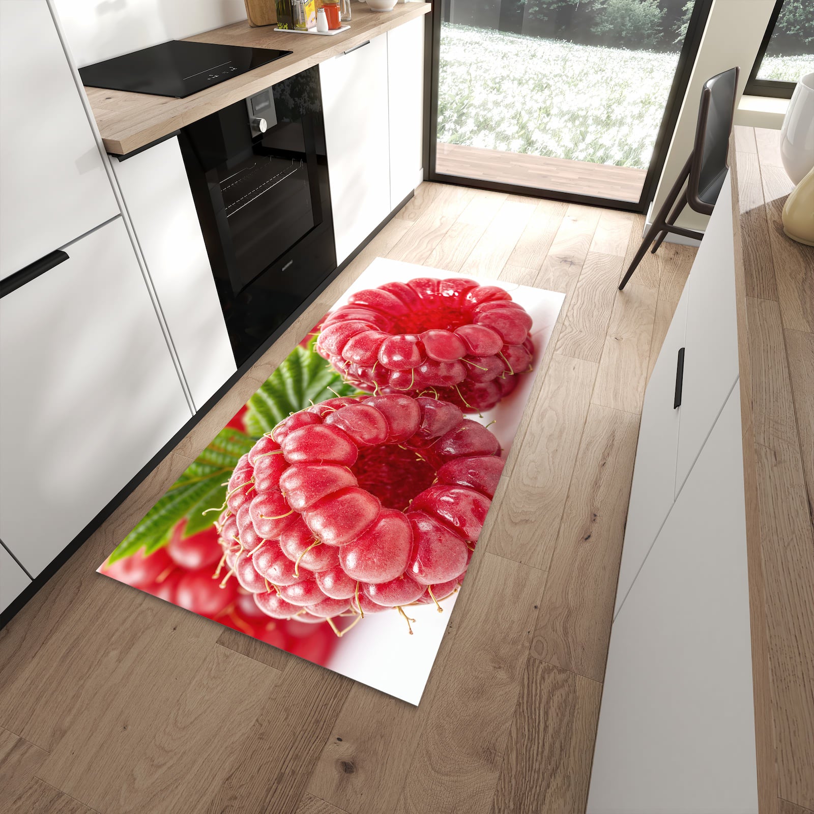 Hygienischer Küchenteppich mit Motiv Himbeeren von Frische in moderner Küche