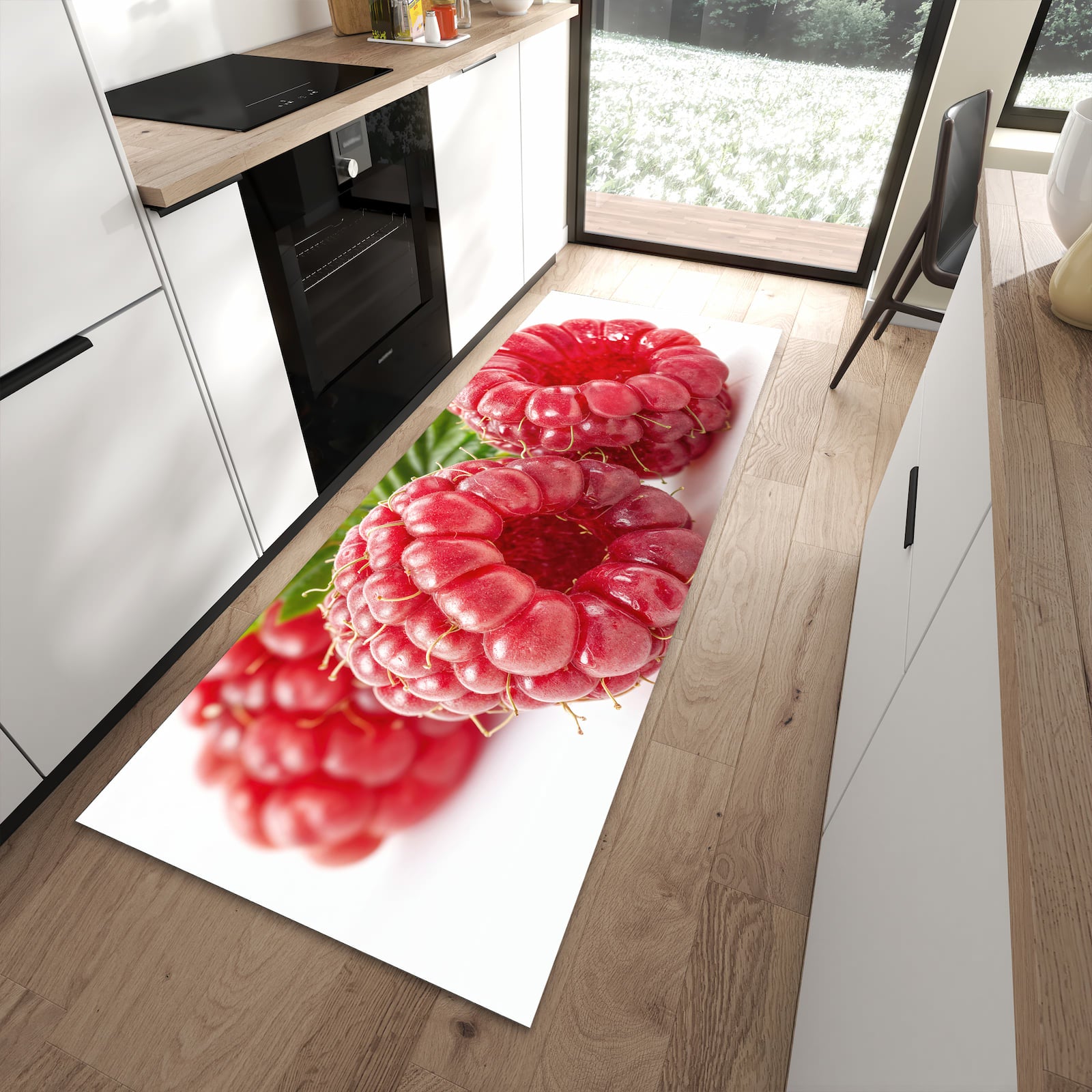 Strapazierfähiger Läufer für die Küche mit Motiv Himbeeren von Frische in moderner Küche