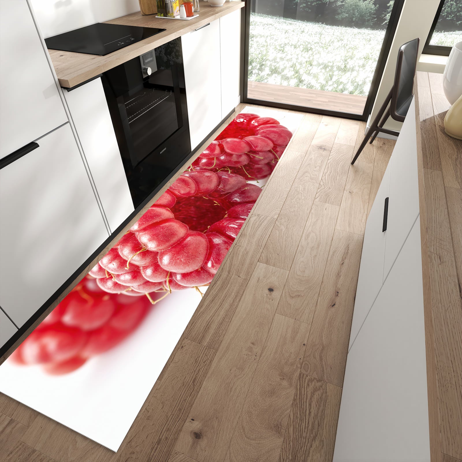 Flacher Küchenteppich mit Motiv Himbeeren von Frische in moderner Küche