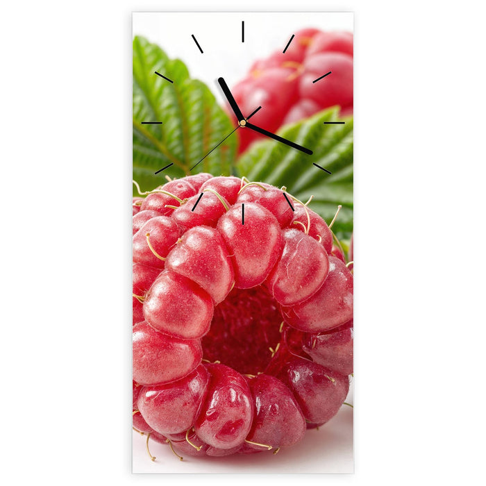 Wanduhr Saftige Himbeeren Nah aus Glas – Hochformat 30 × 60 cm mit Ziffernblatt Linie